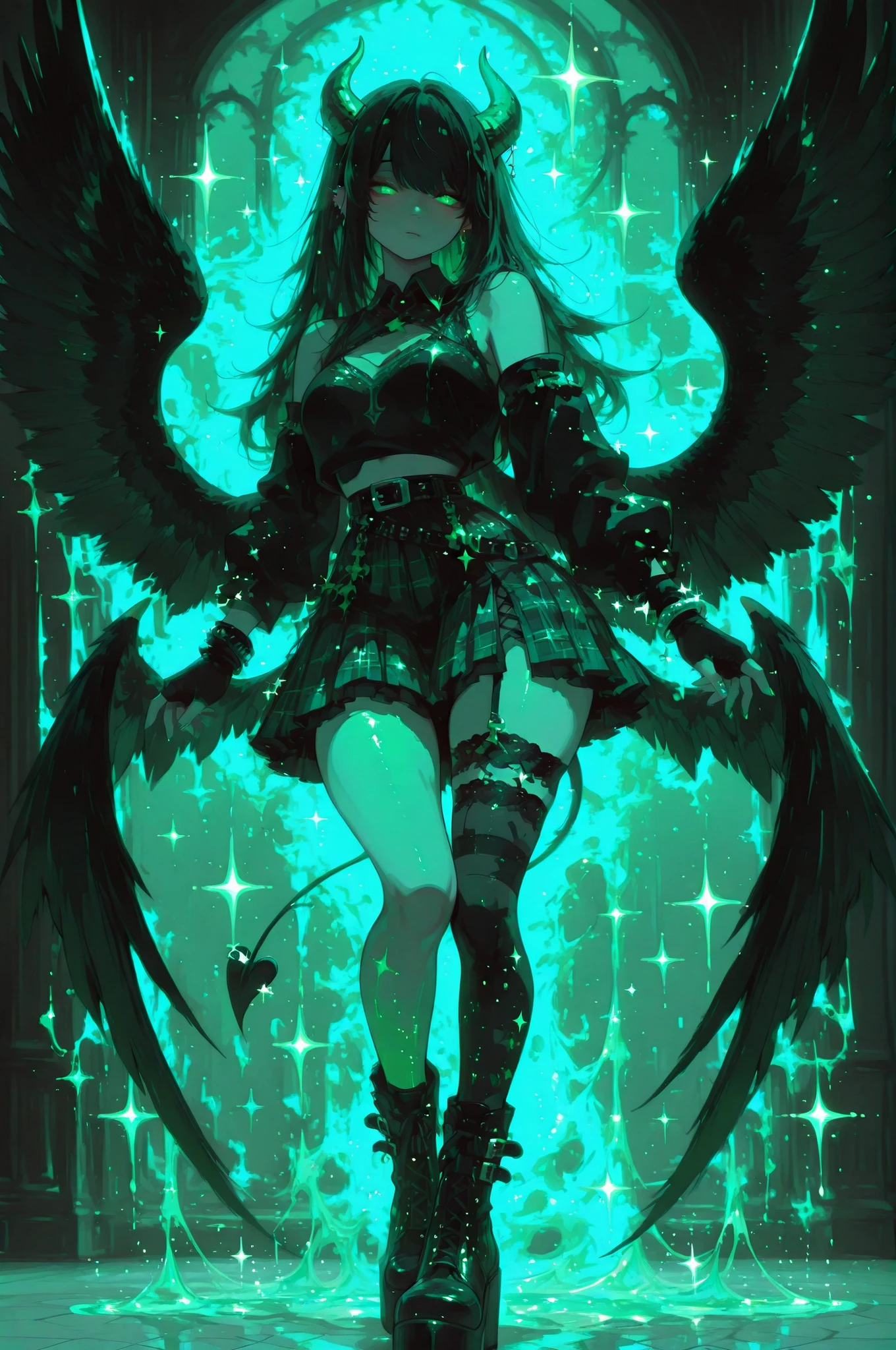 cElesTiana,neon dreamcore,iridescent glow,holographic,pastel void,luminescent skin,celestial tones,smooth reflective surface,glowing eyes,shimmercore,1girl,long flowing black hair, emerald green eyes, demon girl, demon horns, demon black wings, a black cropped sweater with embroidery of stars and moons on the sleeves. underneath, a sheer green mesh top with a high neck and tiny black hearts. a pleated green and black plaid skirt with lace trim. black striped stockings with green bows and black garters. a lot of hairpins, clips, punk style, lace, bright patterned clothing, piercings, studded belts, bracelets, fingerless gloves, black platform boots,split skirt, detached sleeves, cutout, collared, cross-laced slit, short cape, fingerless gloves,single thighhigh, petticoat, layered skirt, asymmetrical sleeves, full body, (glitter, glittering, sparkling, shimmering, sparkles, light effects, glowing accents, high resolution, detailed lighting, sharp focus), a soft green glow outlines her entire body, rich color, beautiful light, perfect contrast, Masterpiece, Best quality