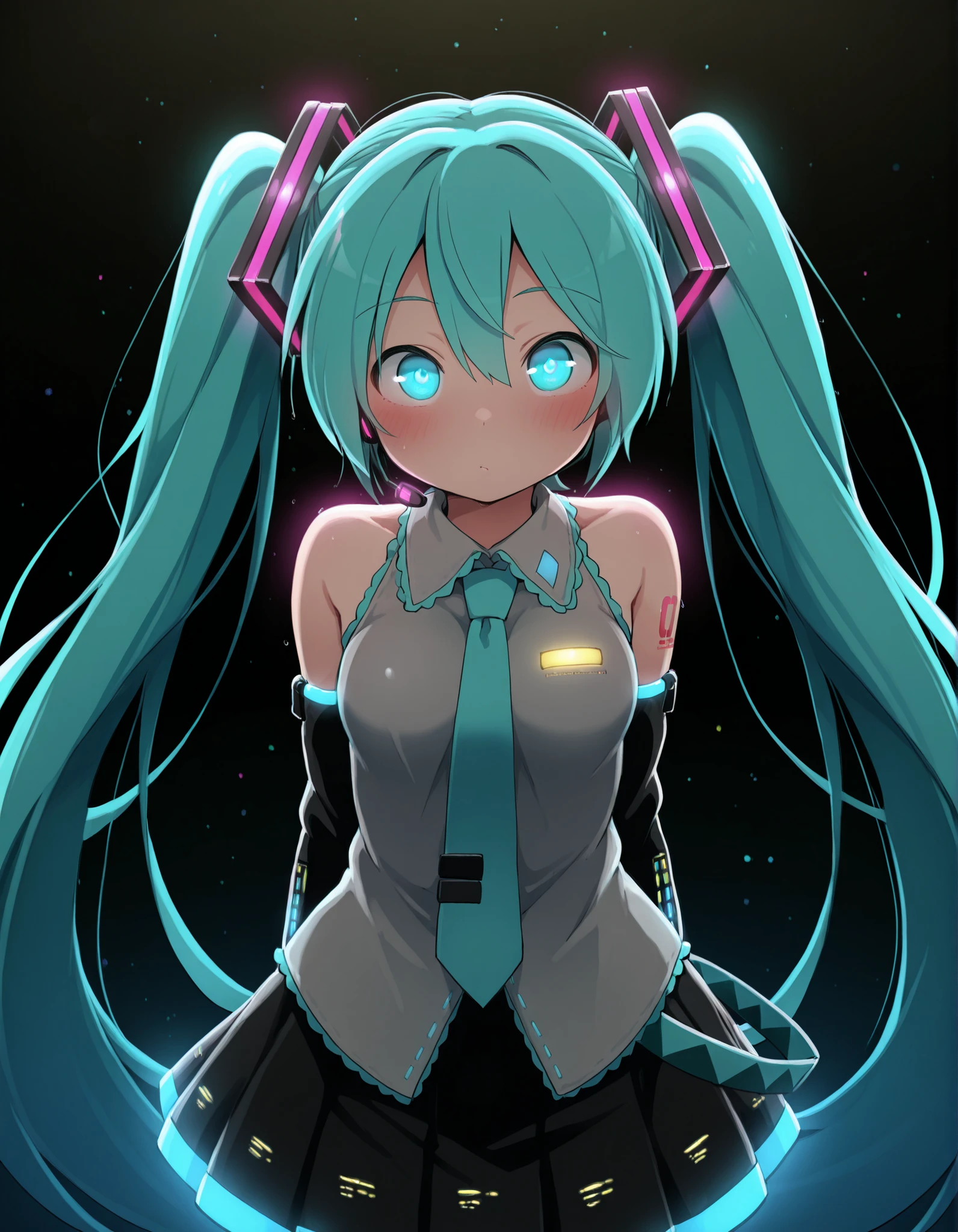 Dagashi,, Hatsune Miku,limited palette,black background,colorful,vibrant,glowing outline,neon,blacklight,looking at viewer, masterpiece, very aesthetic,