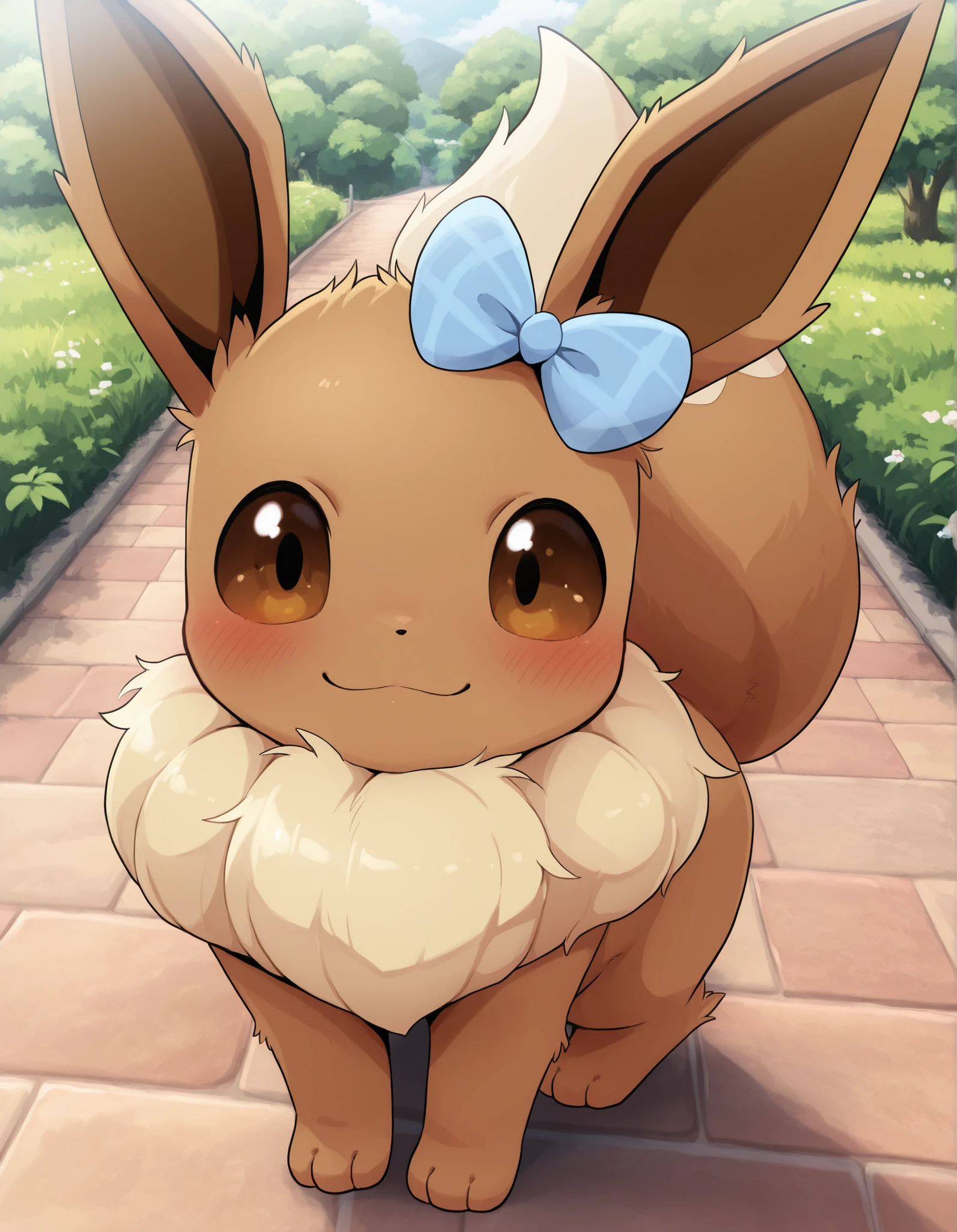Dagashi,, pokekid, eevee, fluffy girl, furry girl, female, smile, smiling, has a big pretty bow in her hair, has animal paws for hands, 1girl, best quality, outdoors, high definition, cute,