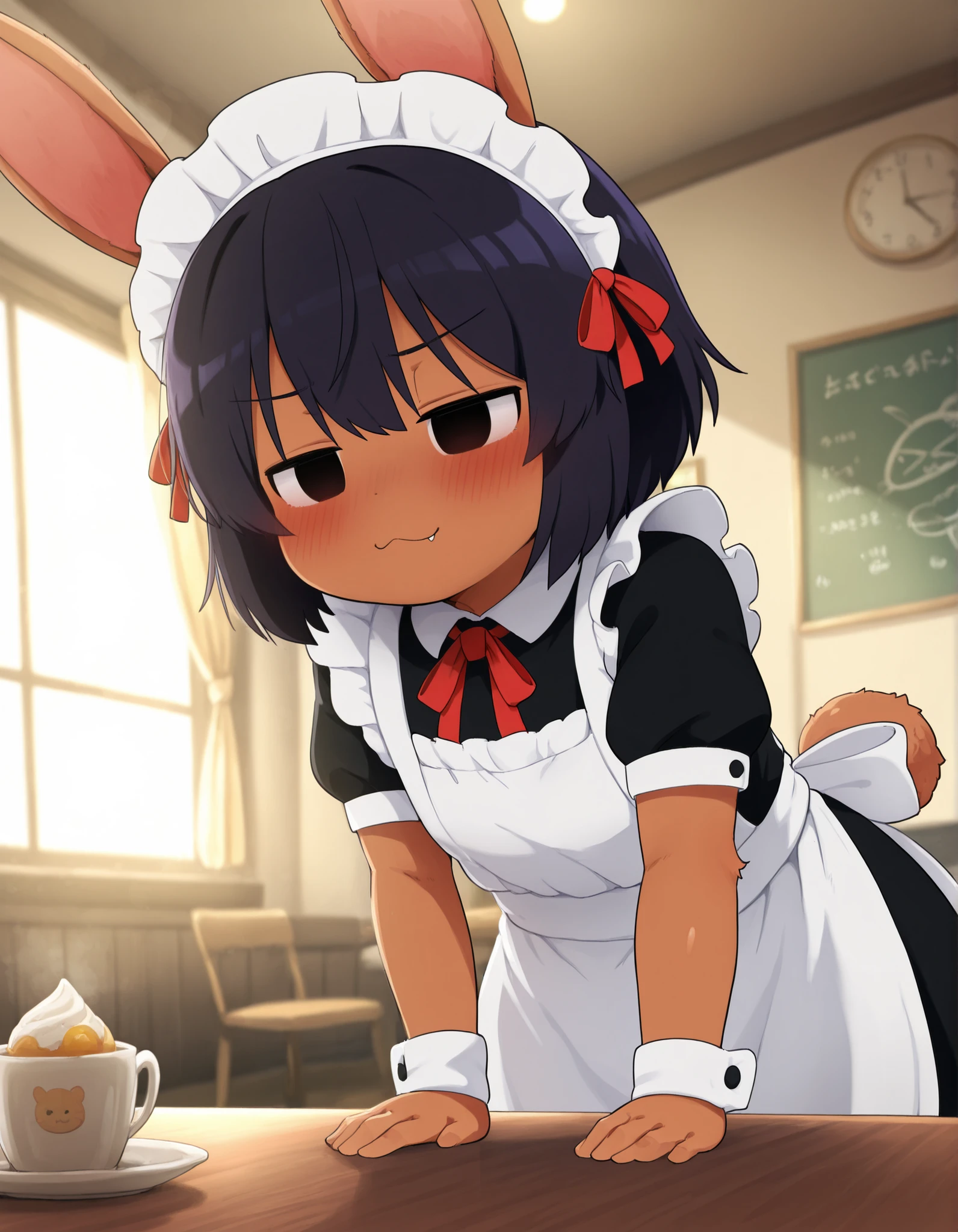 Dagashi,, solo, Maya Hell,black eyes,dark hair,bob cut,Maid Outfit、White Apron、White Headdress、 with rabbit ears、cafe