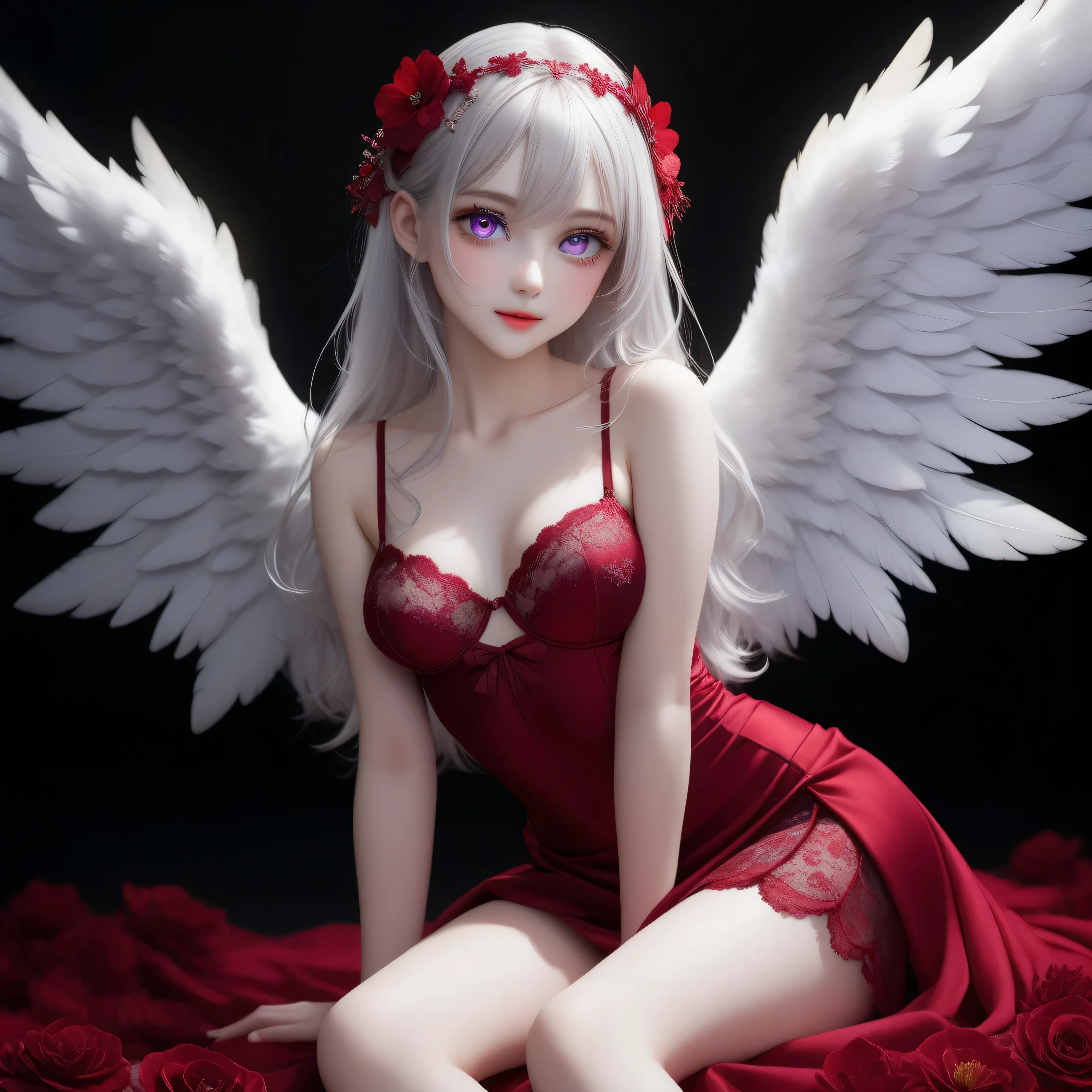 ((Top quality, 8K, best quality, masterpiece, ultra realistic)), ((Beautiful angel with odd eyes)), ((Heterochromia, golden eyes, silver eyes)), ((Sparkling and detailed eyes)), (Very precise eyes), (Long hair with a mixture of platinum and purple), Princess cut, ((Translucent and shining white skin)), Shiny skin, Very white skin, ((Very small breasts)), ((Beautiful woman wearing a lacy crimson quarter cup bra with a clearly visible intricate lace pattern)), ((Crimson wrap (wearing a skirt), ((a beautiful flower garden), ((lime green quarter cup bra)), ((sitting with her legs stretched out, with wings on either side of her back)), ((anatomically accurate depiction)), ((the exact number of fingers, detailed depiction down to the tips of the fingers)), gaze, ((angel wings)),blushing face, ((the surroundings are sparkling)), smile, very beautiful, fantasy world, very beautiful eyes