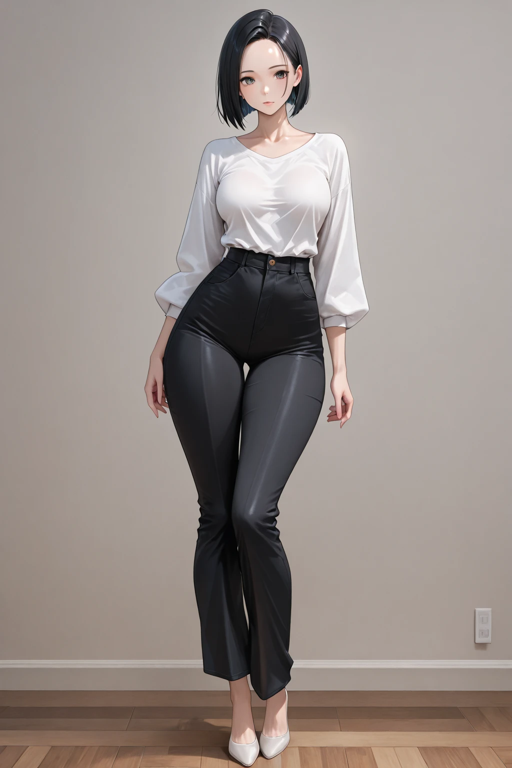 (Platinum blonde hair: 1), , elegant, eyeglasses, black shirt, black jeans, (blush:0.4)