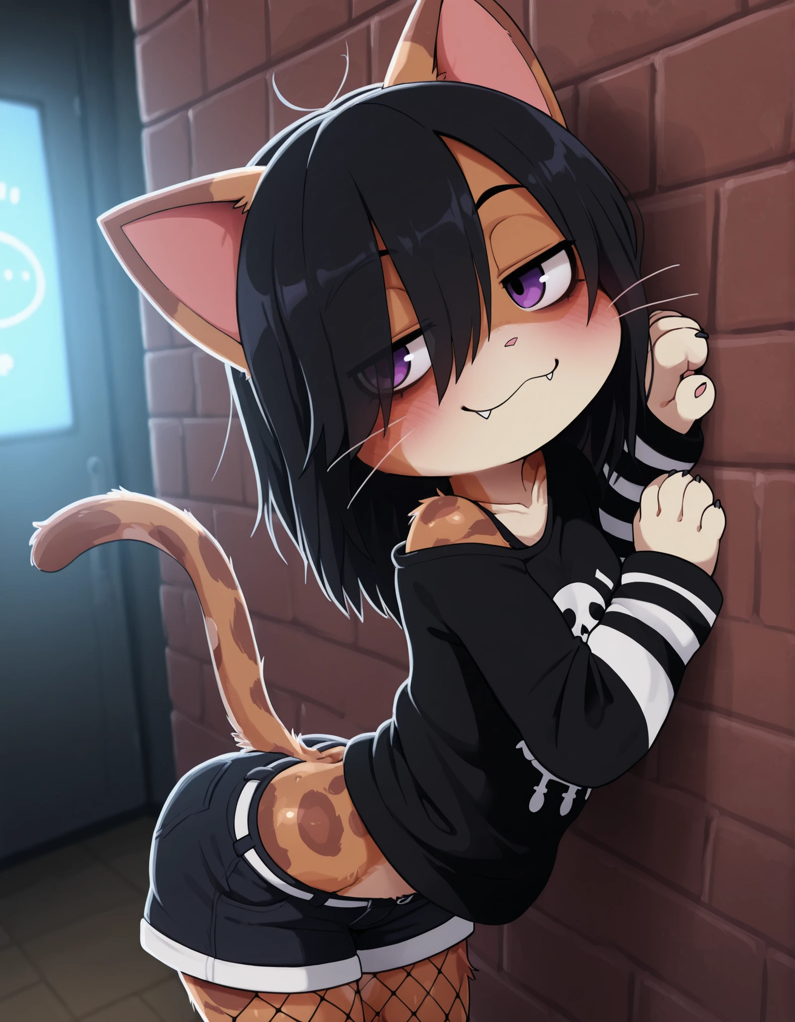 Dagashi,,, volumetric_lighting, chiaroscuro_lighting, vibrant, shaders, high_angle, against_the_wall, arched_back, 1girl, interior, solo, detailed, furry, cat, skinny, smug, ((cute_clothes, emo, fishnets)), white_fur, cute, claws, stare, soft_light, stylized, SuchHorriGir,