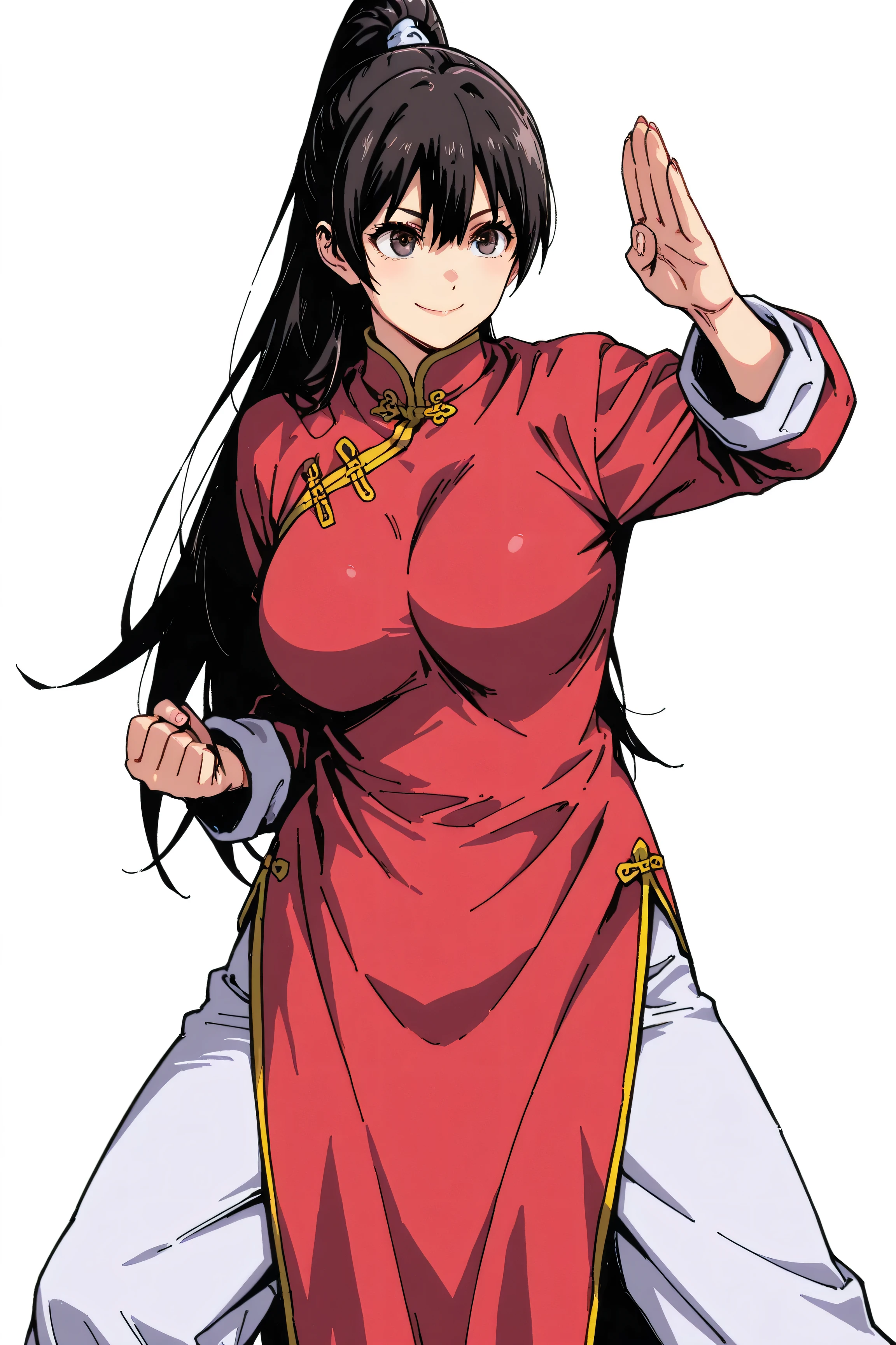 chinese clothes,KungFuUniform,score_9, score_8_up, score_7_up, gsfghtr, 1girl, smile, long ponytail, kohei horitoshi, white background, mature female, breasts, fighting stance,