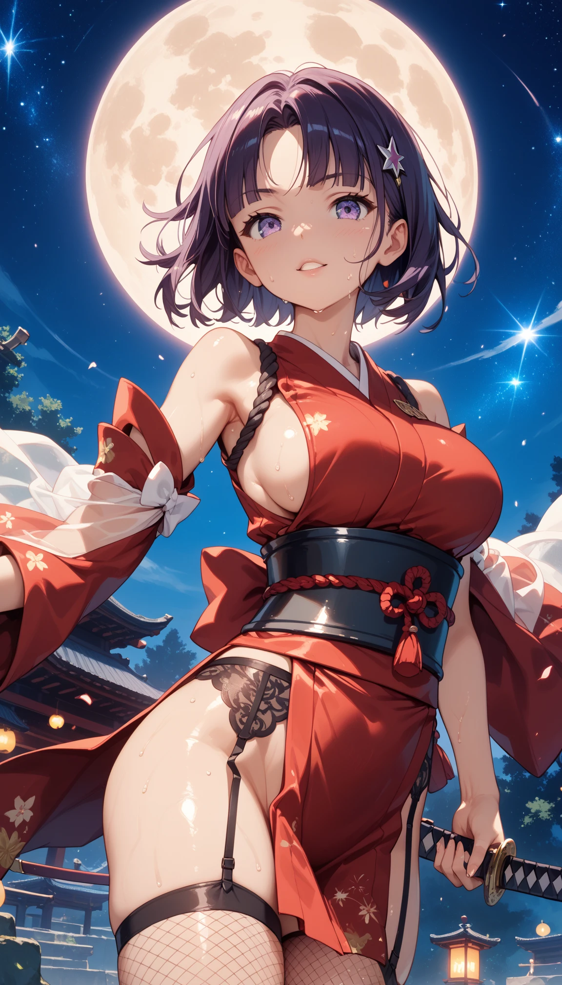 1 person female,Masterpiece,detailed body,Detailed facial expressions,Beautiful Face,A profusion of flowers,Flowers falling,Alluring,sex appeal,Japanese style,(Big red full moon)