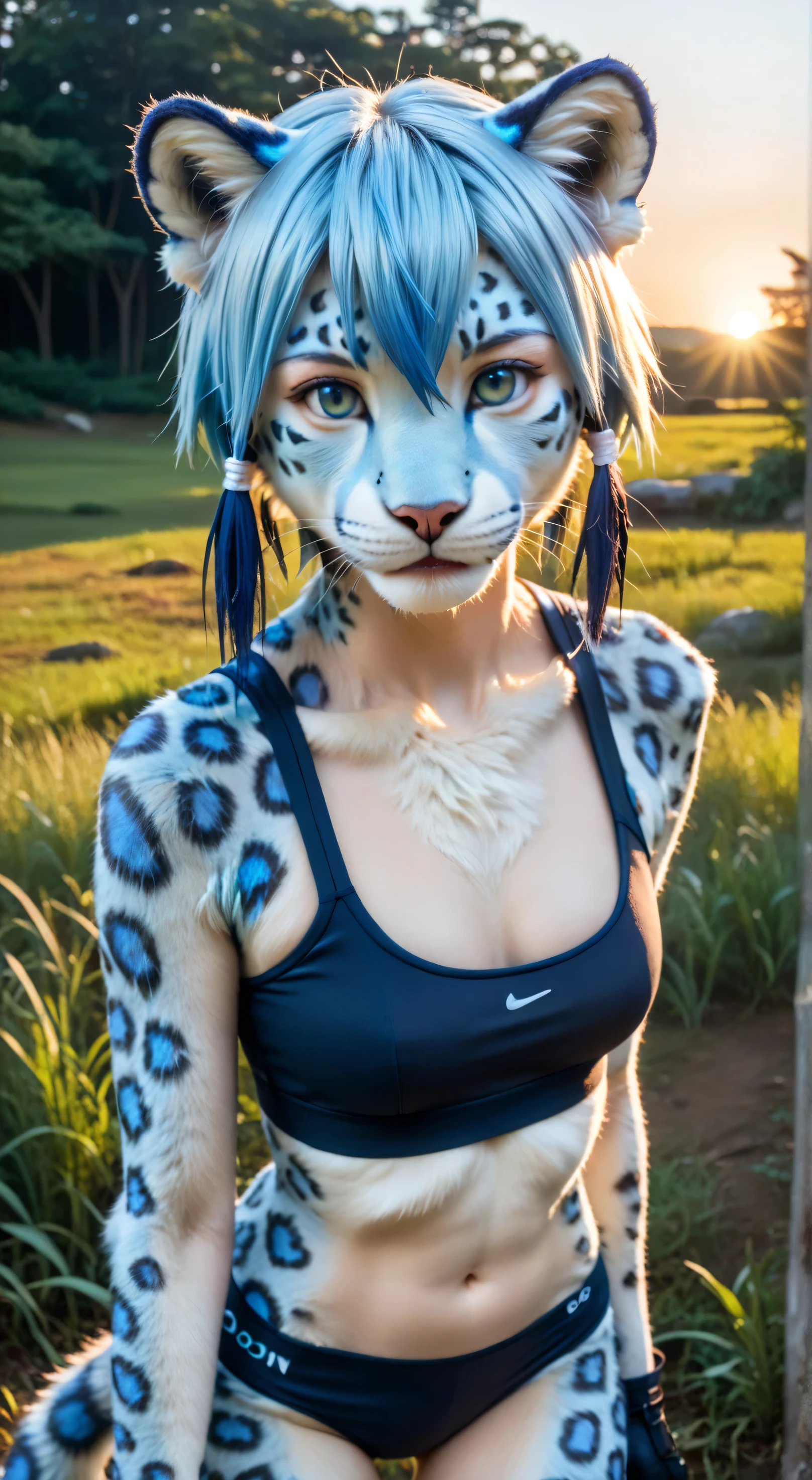 Masterpiece, best quality, 8k, ultra high resolution, photorealistic, cinematic composition.1girl, solo,asada shino,blue eyes,blue hair,hair between eyes, short hair,outdoors,potrait,small breast,nature,standing under ruins,sidelocks,(sunset lighting:1.5),red sunset,looking at viewer, front view,close up,black glove,(tall grass background:1.5),(sports bra:1.5), standing still,hair ribbon,(leopard ears:1.5),(furry body:1.6),(transforming into a blue leopard:1.3),navel,(blue furr:1.5),(don't change head and face:1.5),(panties:1.5)