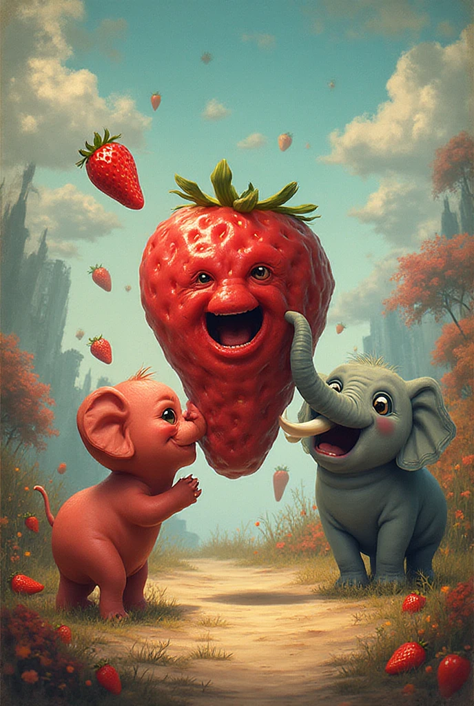 Strawberry elephant standing on an inflatable flamingo 