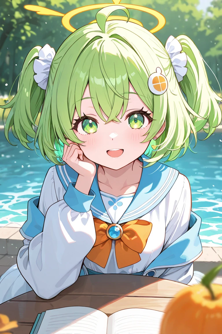 Best of Masterpiece_Quality Alona 1 Girl White_Hairband bow_Short halo headband_hair single_Blade Arona_(green_archive) solo green_eyes green_Hair braids smile multicolor_hair ocean bow Sailor_Collar Beach White_Sailor_collar outdoors cloud sky shirt bangs green_shirt school_Uniform Pink_Hair Headband Long_Sleeves are white_skirt open_Monologue_Bow White_Headband skirt_枫图-枫图方å¼_post