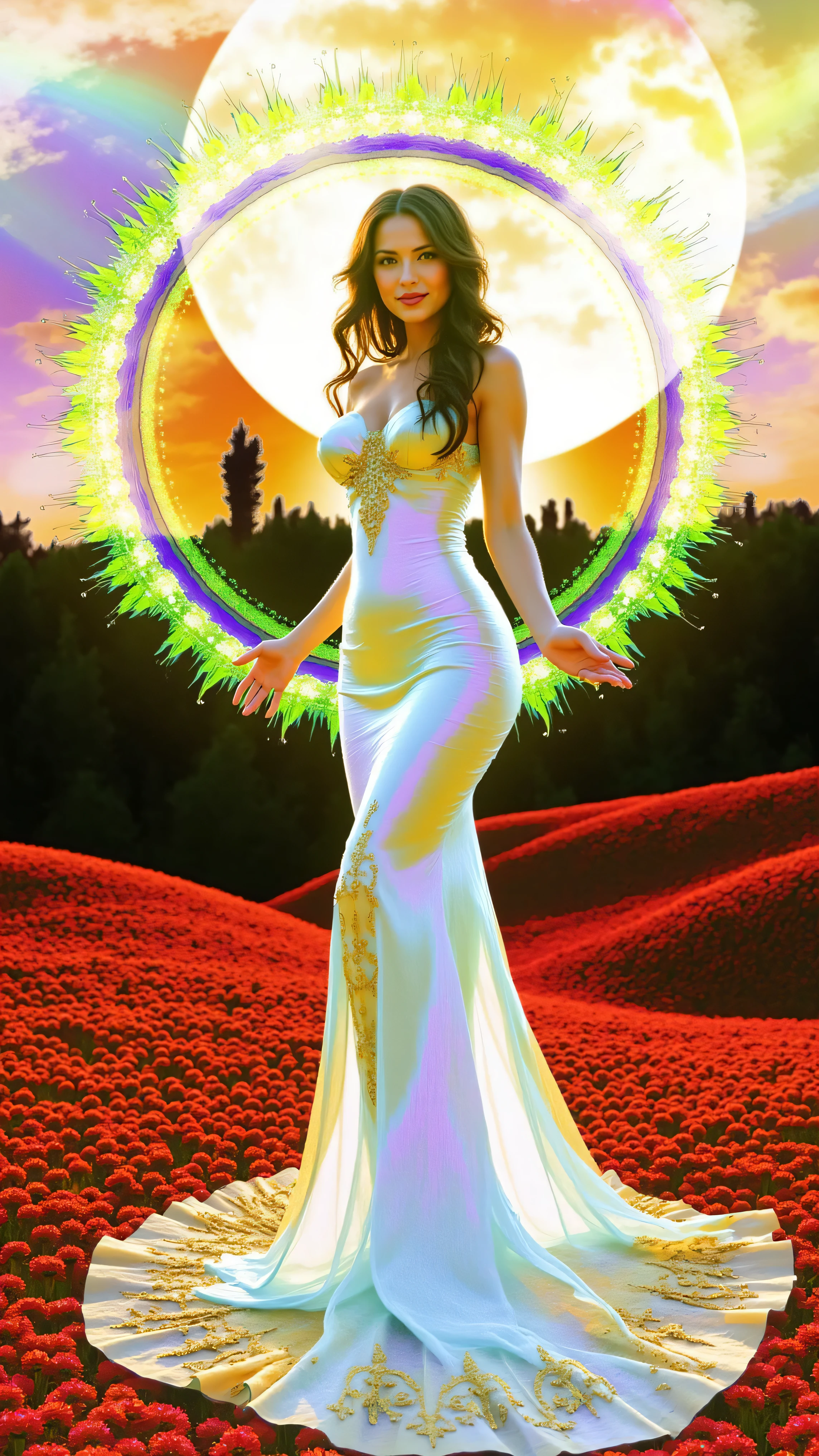 Remix Model stands in a field wearing a mermaid-style dress in front of the sun. Ultra-realistic, photo-realistic
Let the sun turn different colors as it lands. Cheer up the model by rejuvenating the circle she's holding with fresh new energy from my blue circle. SPY and NOT ART are both SATAN.