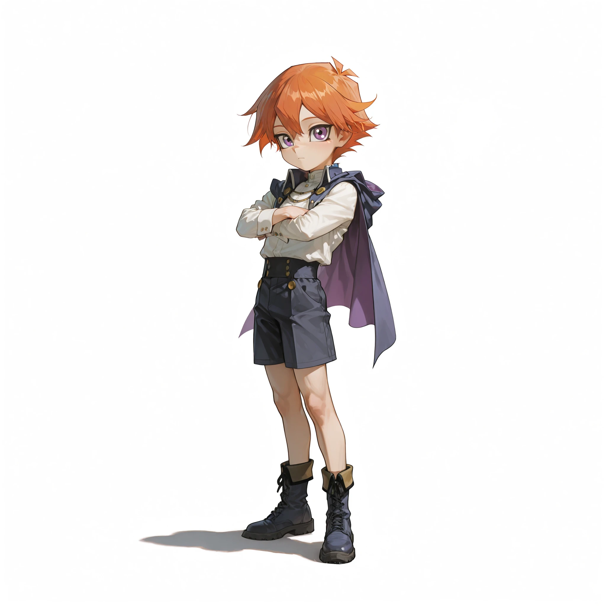 (male), (child boy), (slim body), (orange hair), (purple eyes), (calm expression), (solo), (single character), (full body version), (white background), (no background), (highly detailed), (shadow), (standing pose), (natural light), (detailed outfit), (detailed hand), (detailed face), (detailed hair)
Wearing a small military-inspired outfit with a short navy jacket decorated with golden buttons, white shirt underneath, simple dark shorts, small boots, and a tiny cape draped over his shoulders. (Yu-Gi-Oh style art)