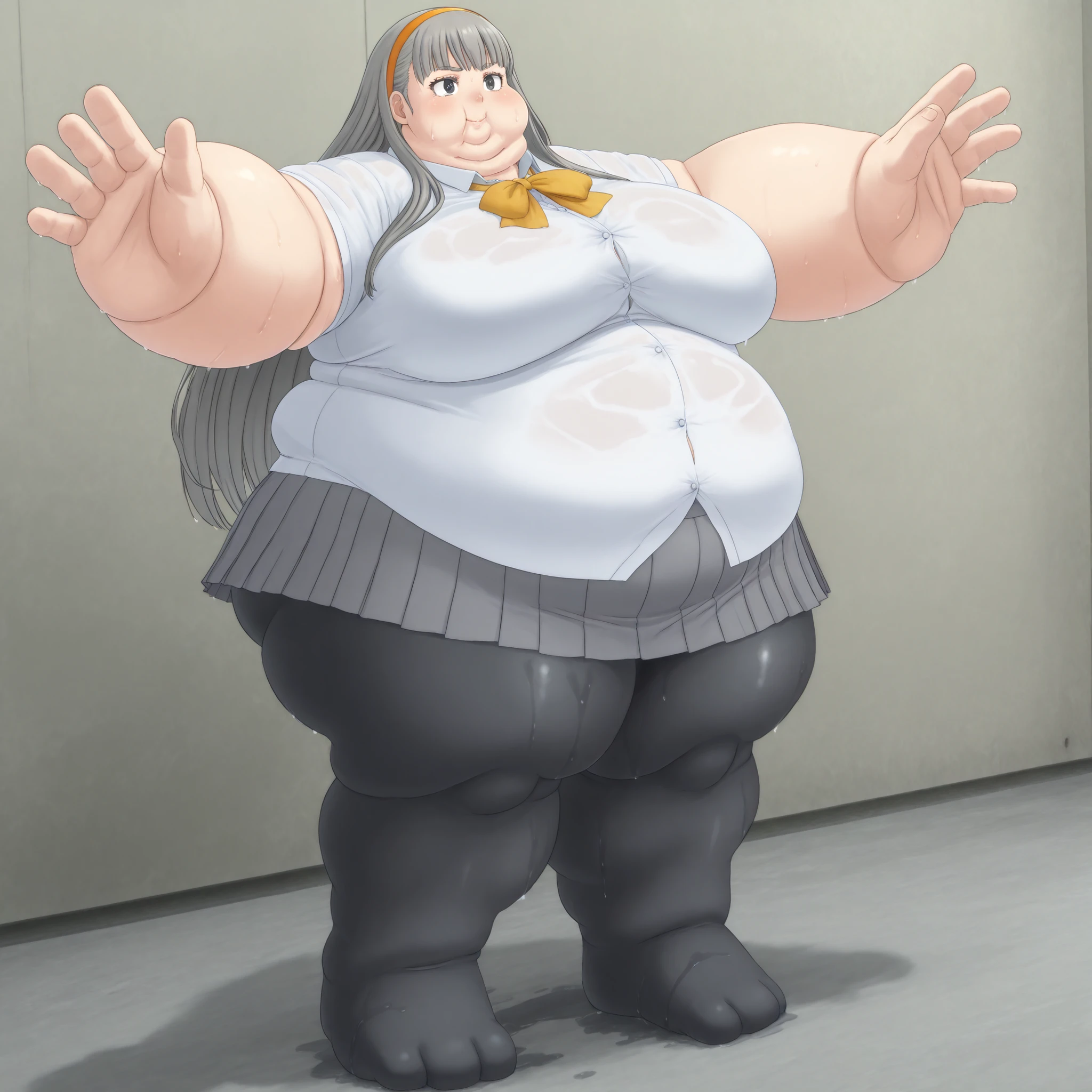 misonoinori,1girl,solo,pantyhose,long hair,hairband,skirt,school grey hair,black pantyhose,pleated skirt,smile,black eyes, blank_stare, empty_stare,  fat, chubby, obese, gigantic arms and legs, large breasts, sweating, wet body, swollen face, Fat_neck , Fat head , eyes with crushed cheeks , nose with crushed cheeks , mouth with crushed cheeks , chin roll,
only head, large head, oversized limbs, large hands, large feet, oversized feet, oversized fingers, big lips, plump lips, fat face, fupa, big fupa, fat fupa, 