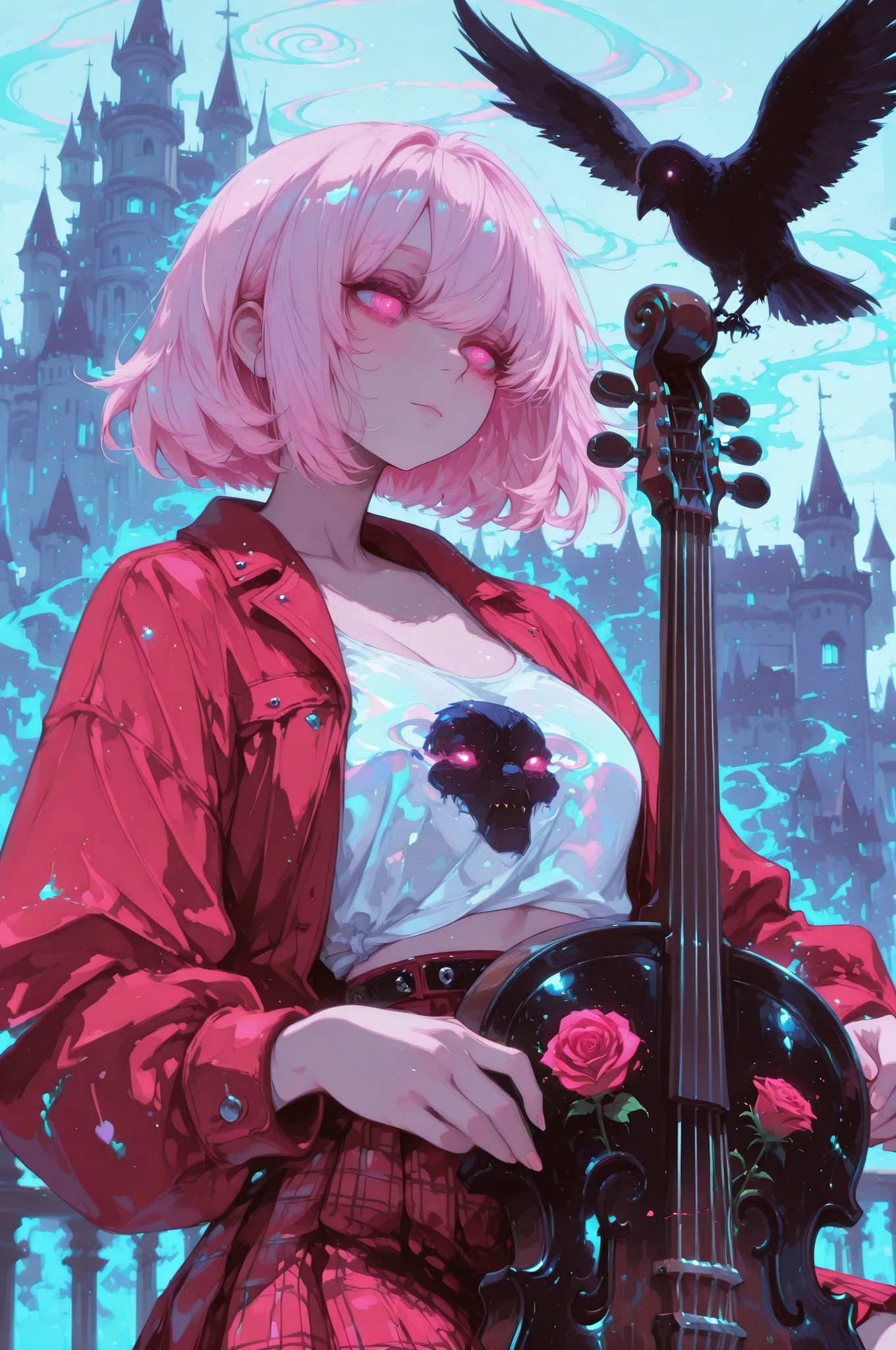 cElesTiana,neon dreamcore,iridescent glow,holographic,pastel void,luminescent skin,celestial tones,smooth reflective surface,glowing eyes,shimmercore,1girl, long pink hair, rose  eyes,short hair, punk style, red jacket, white cut-out top, red pleated plaid skirt, black asymmetrical best, swirl pop, playing cello, castle, crow, masterpiece, absurdres