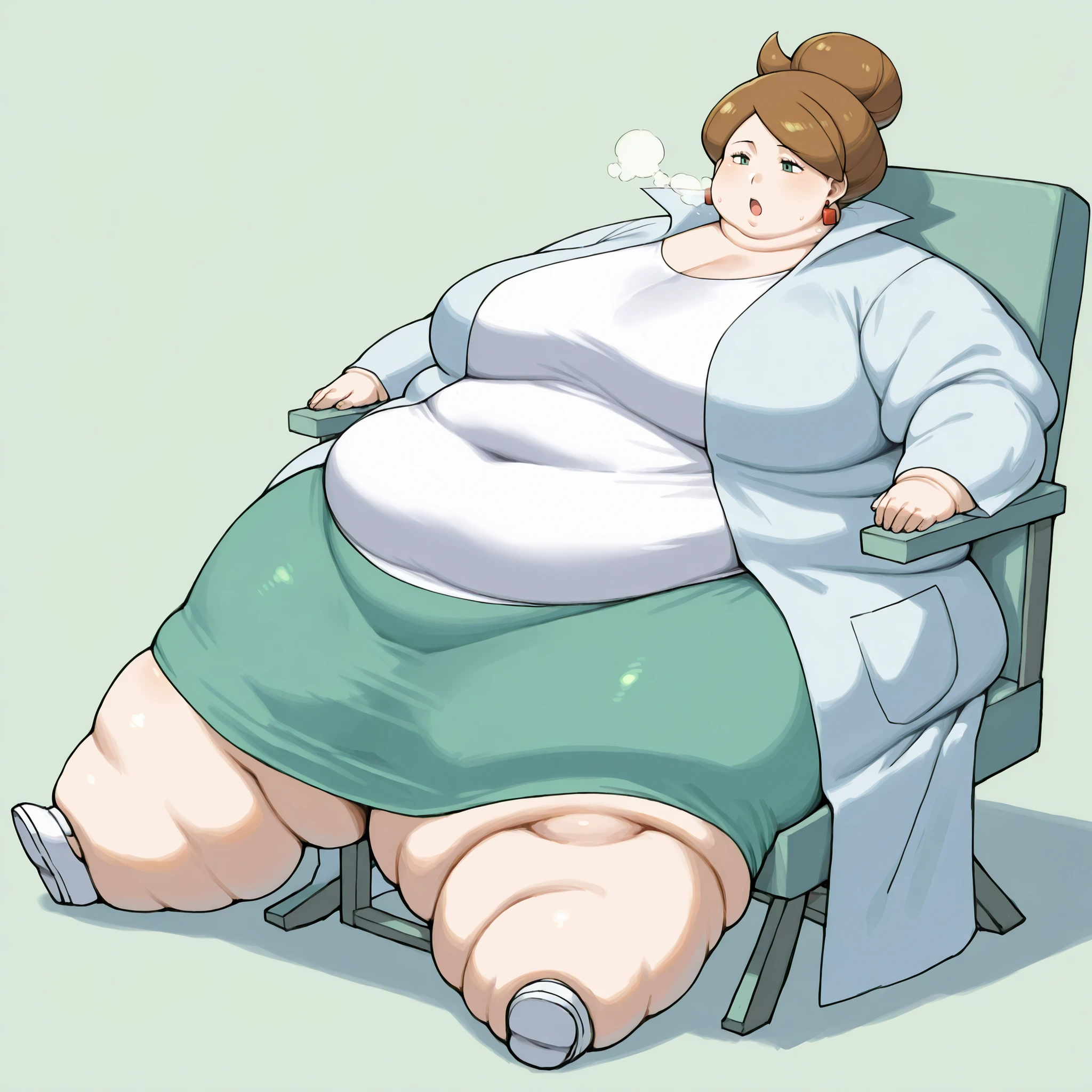 1girl, solo, c-juniper, mature female, green eyes, hair bun, brown hair, lab coat, green skirt, earings, white shirt, long sleeves, fat, chubby, obese,, big breasts open mouth, out of breath, Larger female, full body shot, sitting on chair, reclining back on chair