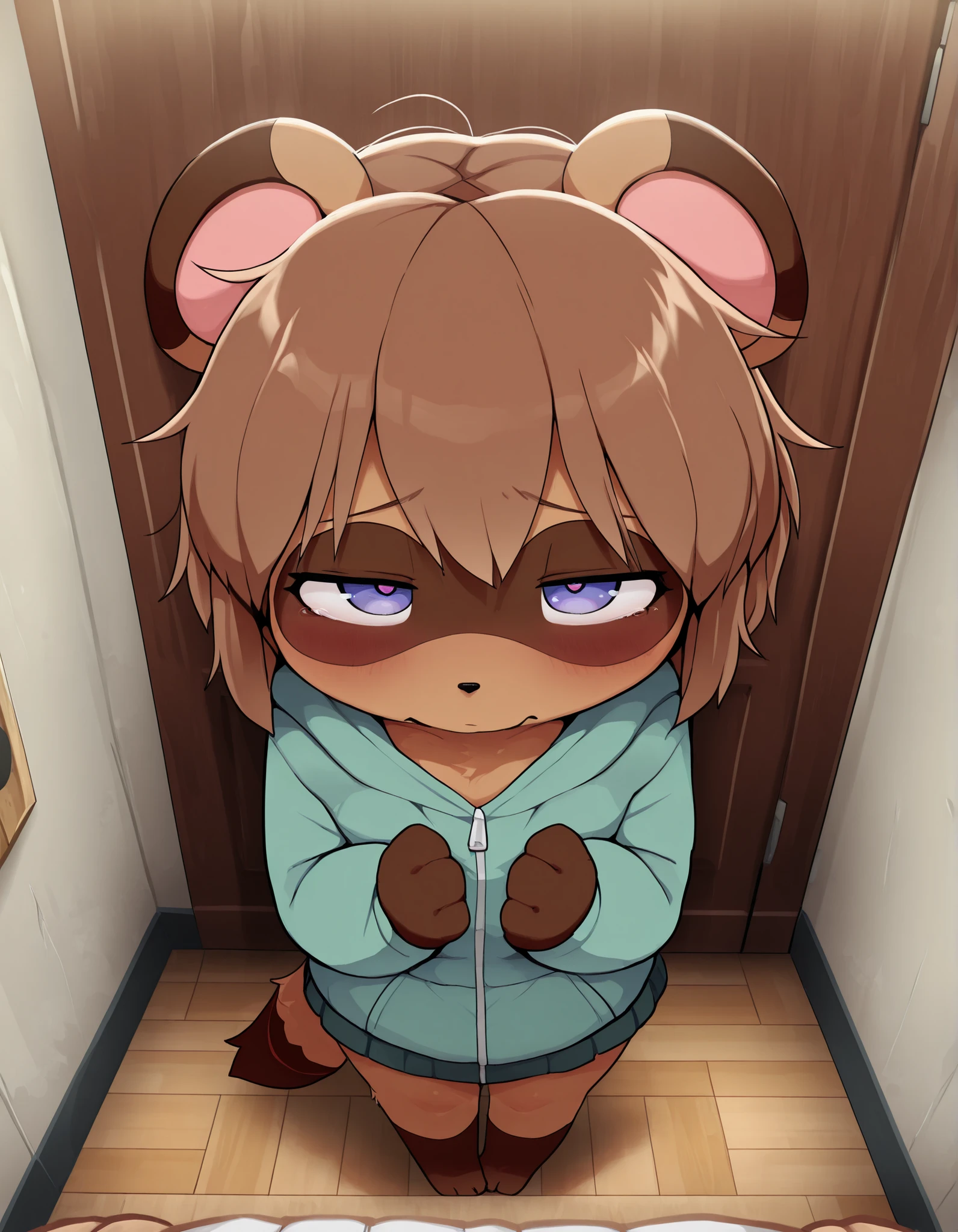 Dagashi,, best quality, masterpiece, moe, furry, raccoon dog, 1girl, petite, brown short hair, half closed eyes, shy, green parka, standing, Put your hands on the wall, looking at viewer, Room hallway, from above,