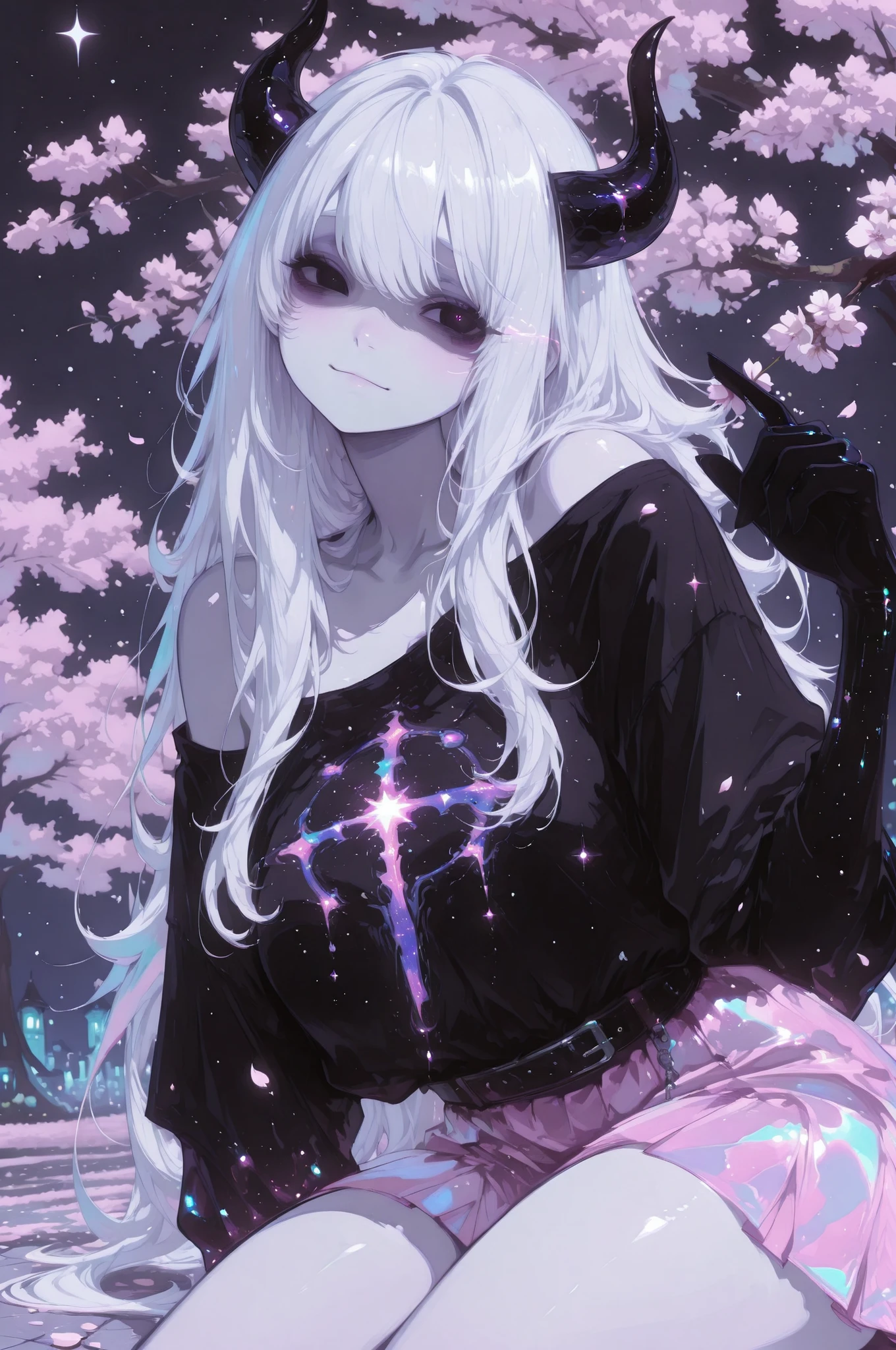 cElesTiana,neon dreamcore,iridescent glow,holographic,pastel void,luminescent skin,celestial tones,smooth reflective surface,glowing eyes,shimmercore,, a very pale white skin demon girl with black horns, (pitch black eyes), wearing off shoulder t-shirt, pink tulle skirt:), (black gradient arms and legs), long white hair, cherry blossoms, goth, glowing accents, masterpiece,best quality, starry sky, highly detailed outfit