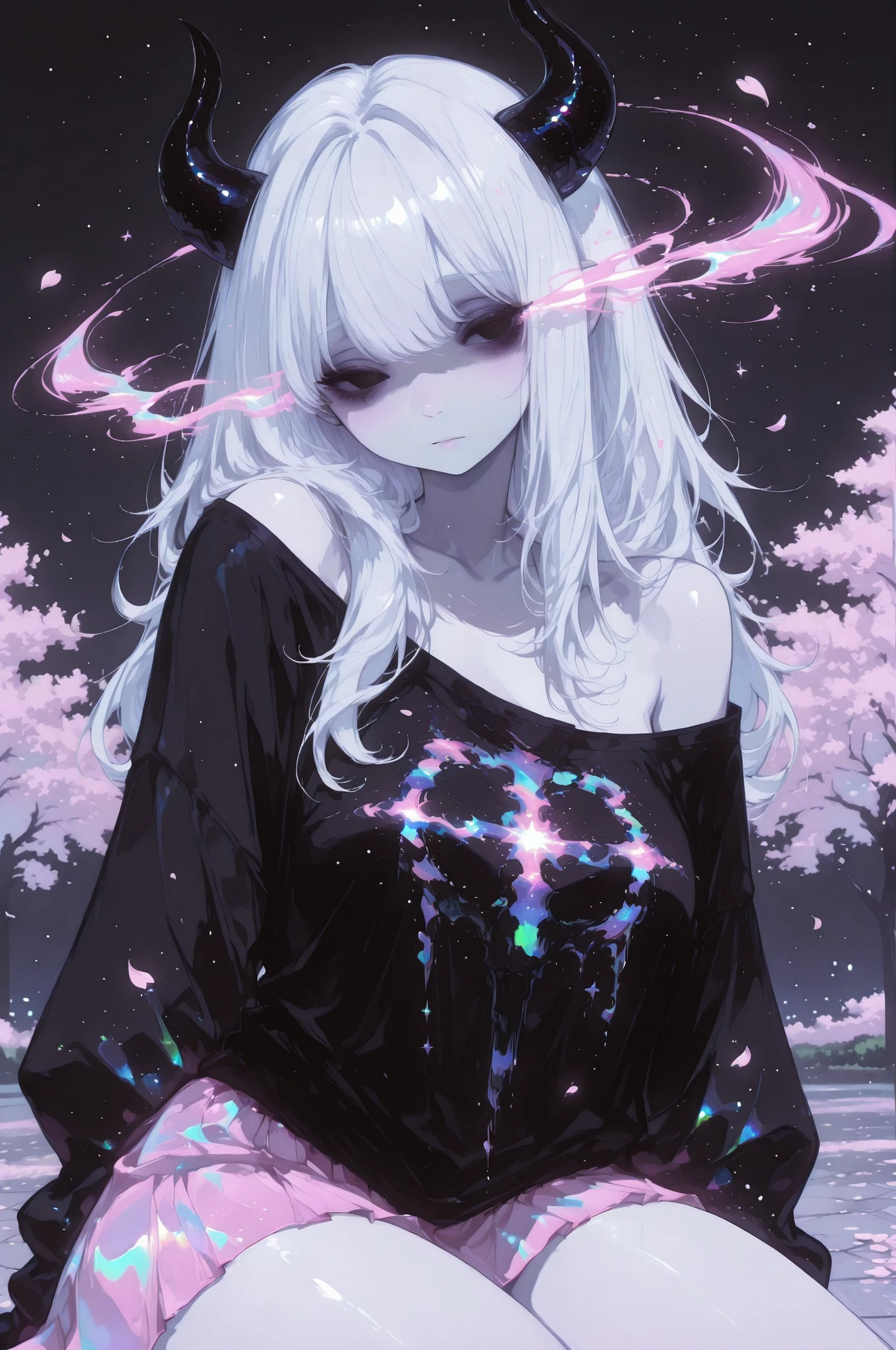cElesTiana,neon dreamcore,iridescent glow,holographic,pastel void,luminescent skin,celestial tones,smooth reflective surface,glowing eyes,shimmercore,, a very pale white skin demon girl with black horns, (pitch black eyes), wearing off shoulder t-shirt, pink tulle skirt:), (black gradient arms and legs), long white hair, cherry blossoms, goth, glowing accents, masterpiece,best quality, starry sky, highly detailed outfit