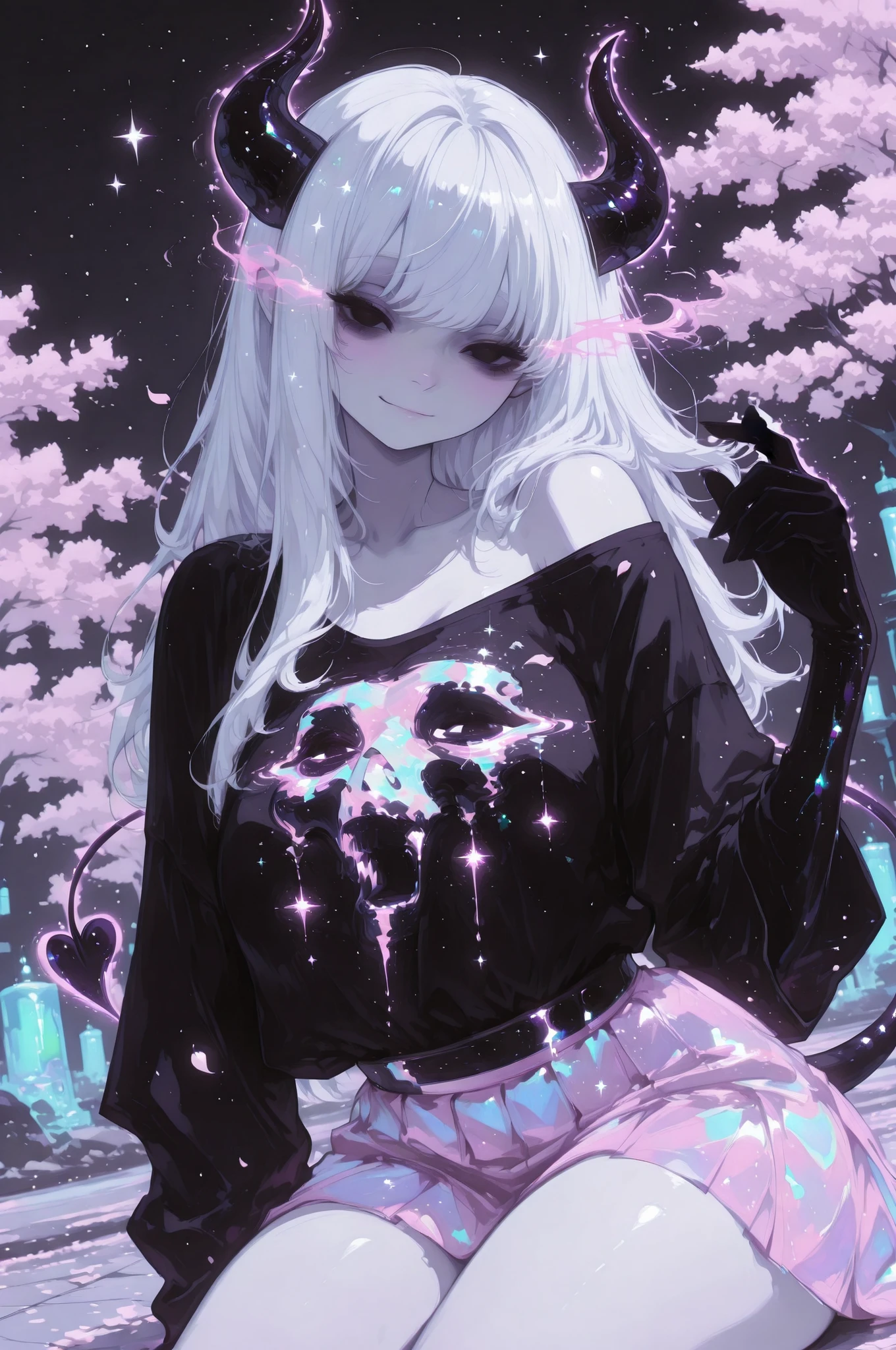 cElesTiana,neon dreamcore,iridescent glow,holographic,pastel void,luminescent skin,celestial tones,smooth reflective surface,glowing eyes,shimmercore,, a very pale white skin demon girl with black horns, (pitch black eyes), wearing off shoulder t-shirt, pink tulle skirt:), (black gradient arms and legs), long white hair, cherry blossoms, goth, glowing accents, masterpiece,best quality, starry sky, highly detailed outfit