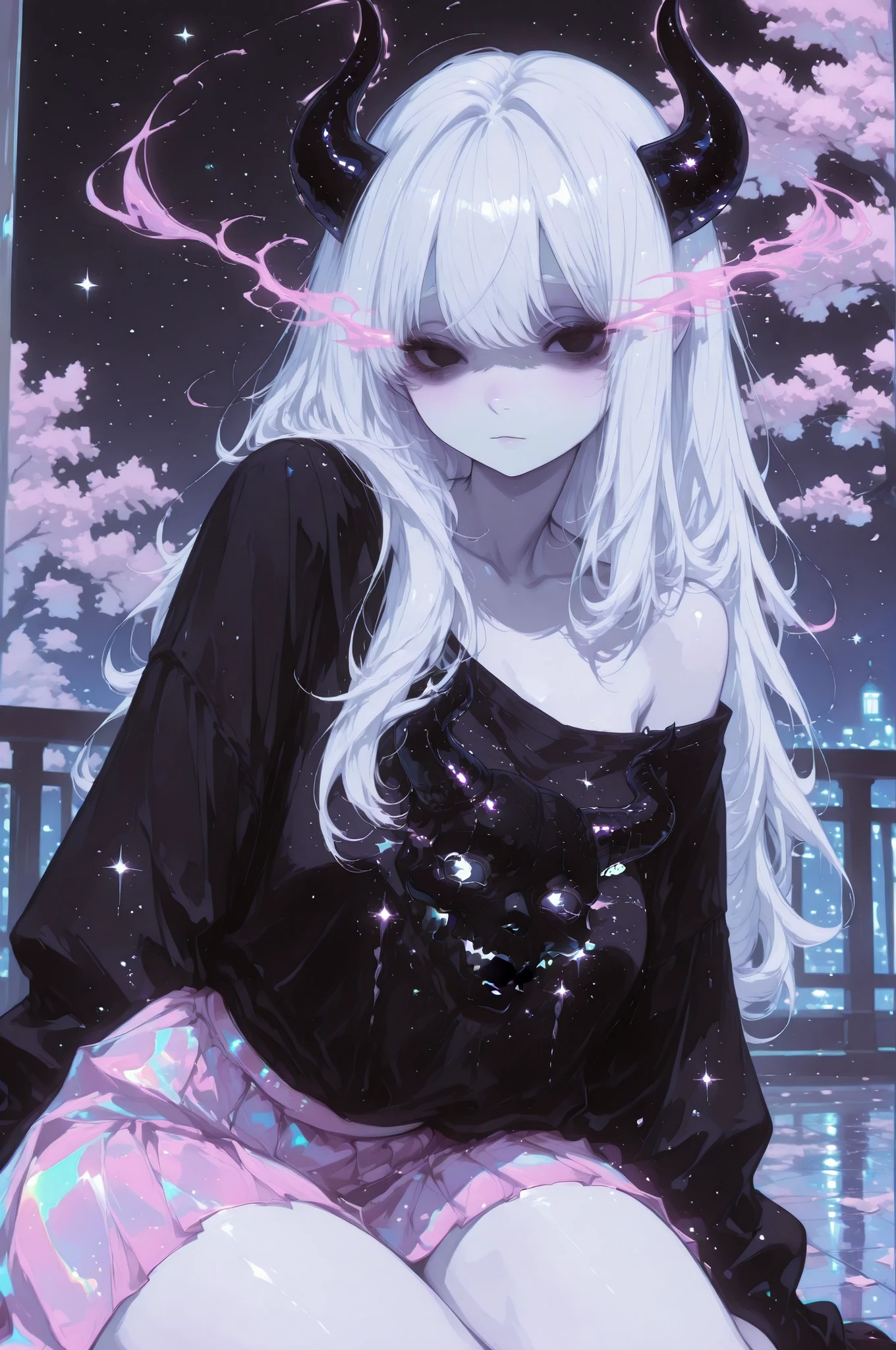 cElesTiana,neon dreamcore,iridescent glow,holographic,pastel void,luminescent skin,celestial tones,smooth reflective surface,glowing eyes,shimmercore,, a very pale white skin demon girl with black horns, (pitch black eyes), wearing off shoulder t-shirt, pink tulle skirt:), (black gradient arms and legs), long white hair, cherry blossoms, goth, glowing accents, masterpiece,best quality, starry sky, highly detailed outfit