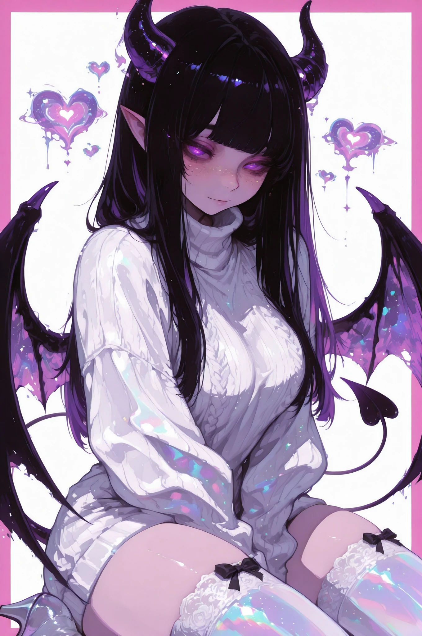 cElesTiana,neon dreamcore,iridescent glow,holographic,pastel void,luminescent skin,celestial tones,smooth reflective surface,glowing eyes,shimmercore,1girl, adult, Red irises, purple pupils, Freckles, long hair, black hair multi-colored hair, white and purple colors hime_cut bangs, Pointed ears, Succubus tail, Freckles all over the body, demon horns, demon wings, demon tail, tight white sweater dress, white lace thigh highs, black bows, white boot heels, fully clothed, white background, pink border, hearts, 