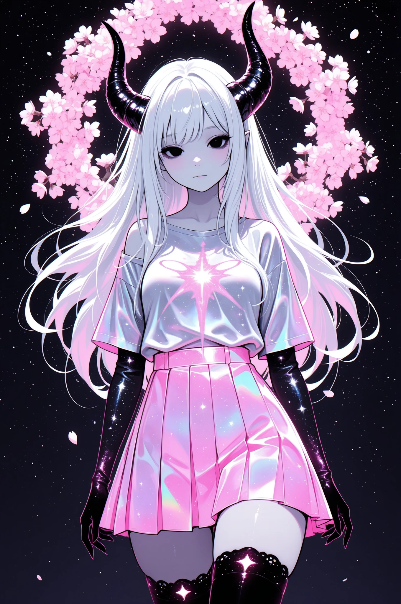 cElesTiana,neon dreamcore,iridescent glow,holographic,pastel void,luminescent skin,celestial tones,smooth reflective surface,glowing eyes,shimmercore,, a very pale white skin demon girl with black horns, (pitch black eyes), wearing off shoulder t-shirt, pink tulle skirt:), (black gradient arms and legs), long white hair, cherry blossoms, goth, glowing accents, masterpiece,best quality, starry sky, highly detailed outfit