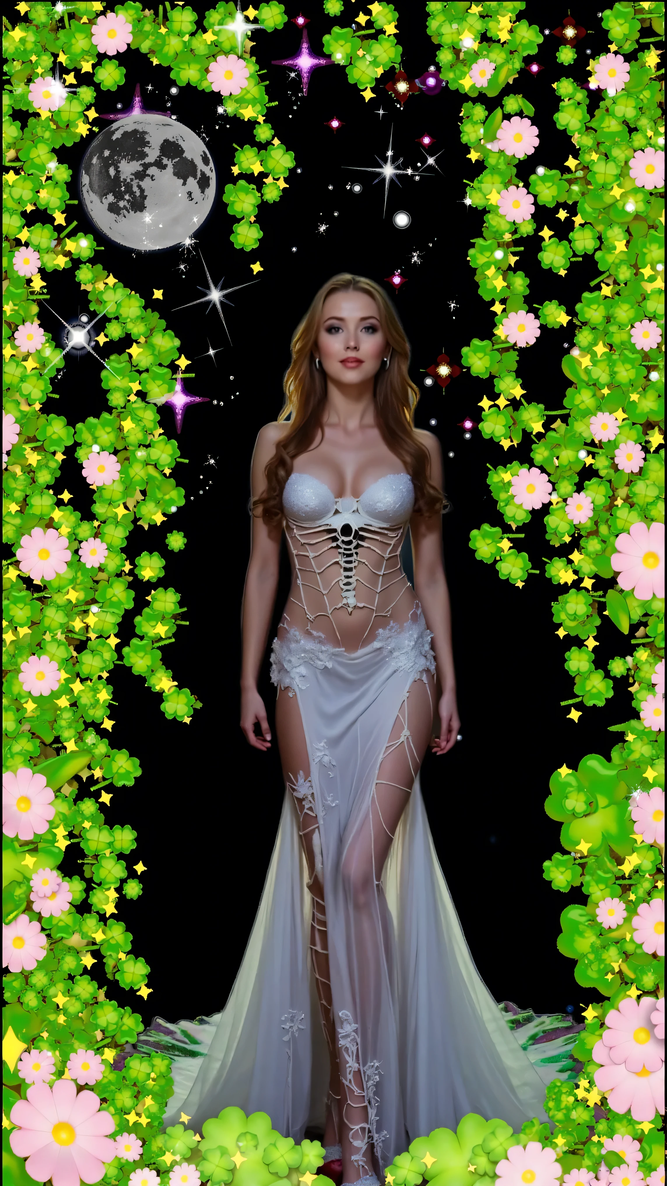 Remix Model stands in a vine garden with a mermaid-style dress in front of the moon, ultra-realistic, photo-realistic