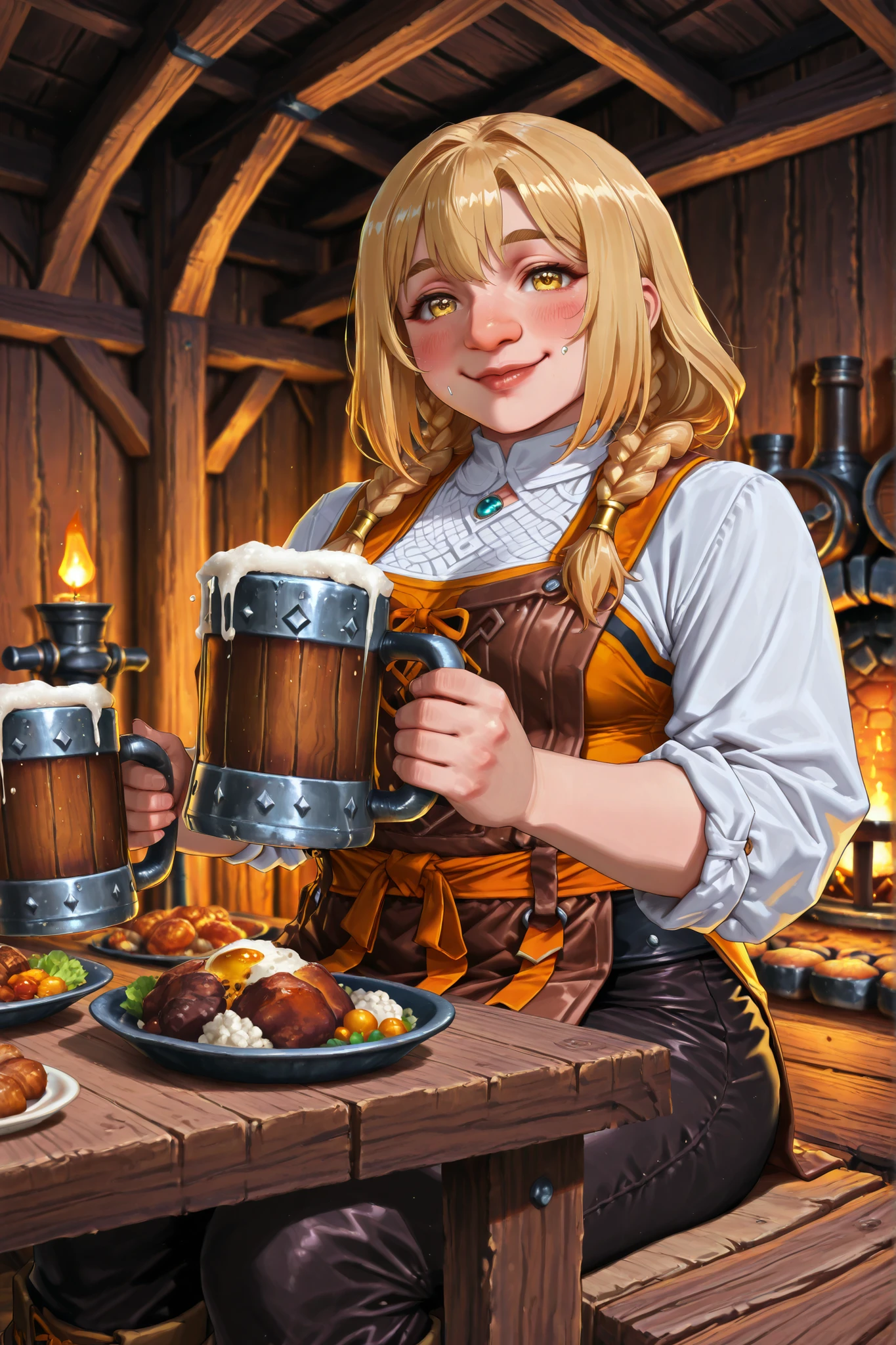 Dwarf, (((short stature))), big nose, merryk, solo, female, dwarf, short, stout figure, yellow eyes, braids, lips, (chubby:0.5), work clothes, tunic, dark pants, looking at viewer, ,high quality, masterpiece, ultra-detailed, ((mature female dwarf)) sitting at a sturdy wooden tavern table, ((smiling warmly while holding a large frothy mug of beer)), ((strong and robust build)), blonde hair in a thick braid, rosy cheeks, cheerful and welcoming expression, wearing a leather apron over rustic clothes with rolled-up sleeves, cozy fantasy tavern interior with ((warm firelight and wooden beams)), food and mugs scattered on the table, ((earthy and amber color palette)), soft warm lighting, Delicious in Dungeon anime style, Studio Trigger art style, detailed background, ((joyful fantasy atmosphere))