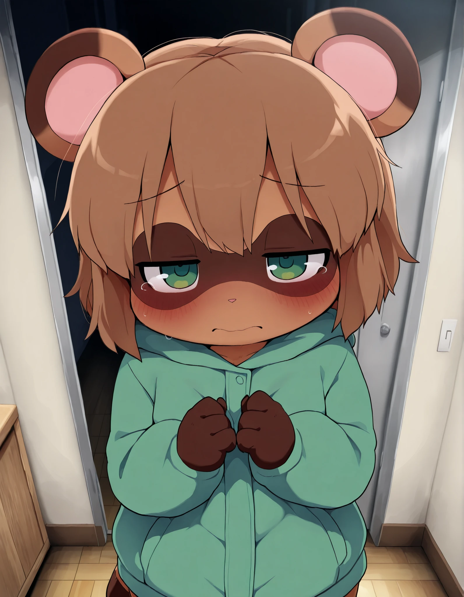 Dagashi,, best quality, masterpiece, moe, furry, raccoon dog, 1girl, petite, brown short hair, half closed eyes, shy, green parka, standing, Put your hands on the wall, looking at viewer, Room hallway, from above,