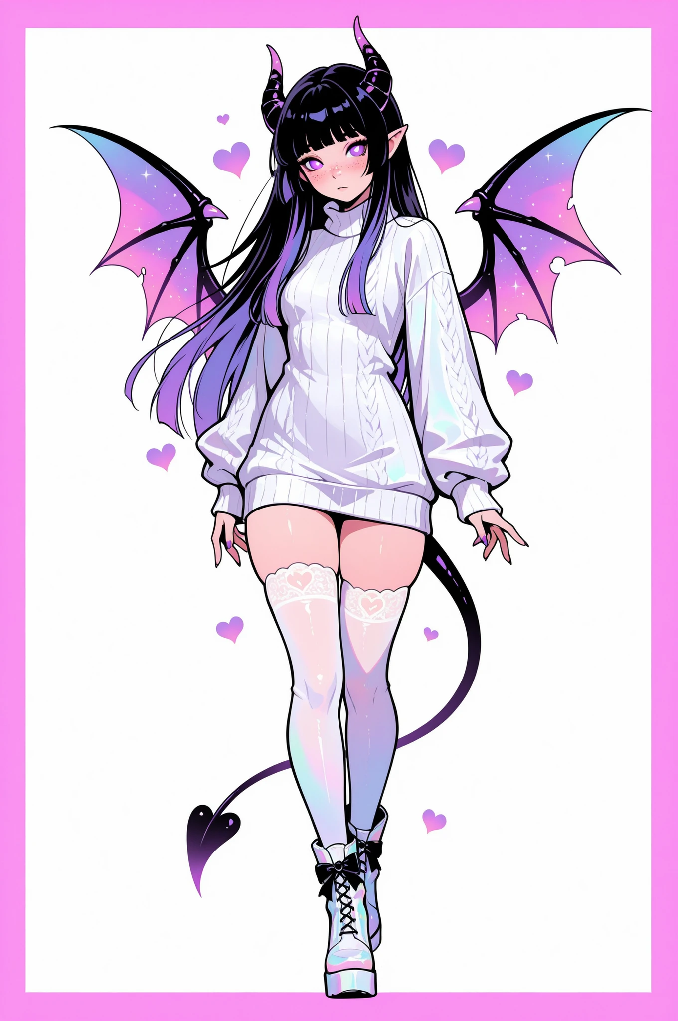 cElesTiana,neon dreamcore,iridescent glow,holographic,pastel void,luminescent skin,celestial tones,smooth reflective surface,glowing eyes,shimmercore,1girl, adult, Red irises, purple pupils, Freckles, long hair, black hair multi-colored hair, white and purple colors hime_cut bangs, Pointed ears, Succubus tail, Freckles all over the body, demon horns, demon wings, demon tail, tight white sweater dress, white lace thigh highs, black bows, white boot heels, fully clothed, white background, pink border, hearts, 