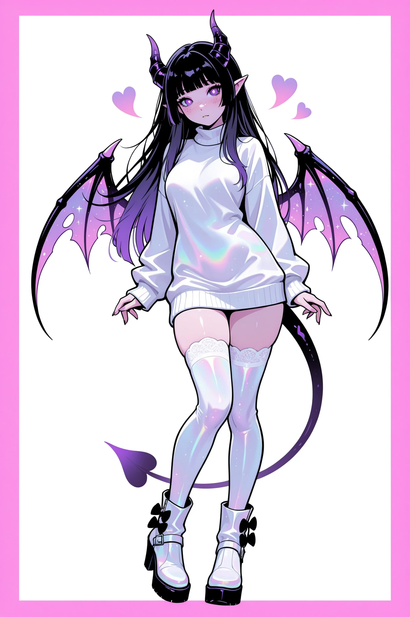cElesTiana,neon dreamcore,iridescent glow,holographic,pastel void,luminescent skin,celestial tones,smooth reflective surface,glowing eyes,shimmercore,1girl, adult, Red irises, purple pupils, Freckles, long hair, black hair multi-colored hair, white and purple colors hime_cut bangs, Pointed ears, Succubus tail, Freckles all over the body, demon horns, demon wings, demon tail, tight white sweater dress, white lace thigh highs, black bows, white boot heels, fully clothed, white background, pink border, hearts, 