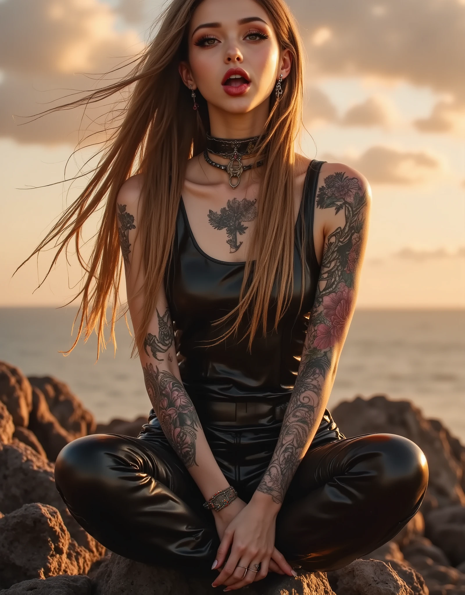 young slender woman sitting elegant on rough rocks , opened glossy lips,  Wear loose clothing,  A fine black and brown outfit with a pattern ， creating an elegant and comfortable atmosphere .  This outfit includes a sleeveless top and trousers ,  tied to the waist with the same belt . The subject's arms  ,  decorated with a delicate tattoo ,  show a unique style.  The wind blows her long golden hair ,  Highlight dynamic scenes . sky Warm sunset glow light ,  golden glow falls in the sky .    create a dramatic backdrop   ,  } Fusing the intense energy of nature with the calm of the subject.  This picture conveys a serene and adventurous atmosphere ,  Balancing natural beauty and artistic self-expression. intense sultry eye contact, dark winged eyeliner, reaslistic skin texture.photorrealistic. seductive glossy lips. dark glossy goth makeup. facing the viewer. looking with lust into the viewers eyes. horny face expression. firm fake round breasts. choker. sitting upright with legs spread, thigh gap, legs spread, worshipping her master, manspreading, hands behind back, hands not visible,feet obscured and not visible 