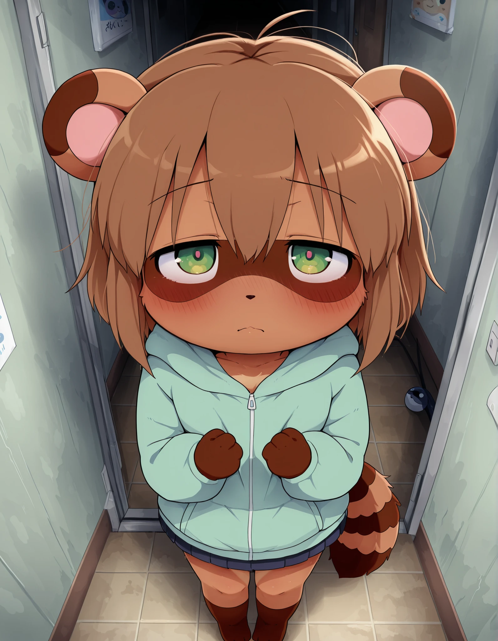 Dagashi,, best quality, masterpiece, moe, furry, raccoon dog, 1girl, petite, brown short hair, half closed eyes, shy, green parka, standing, Put your hands on the wall, looking at viewer, Room hallway, from above,