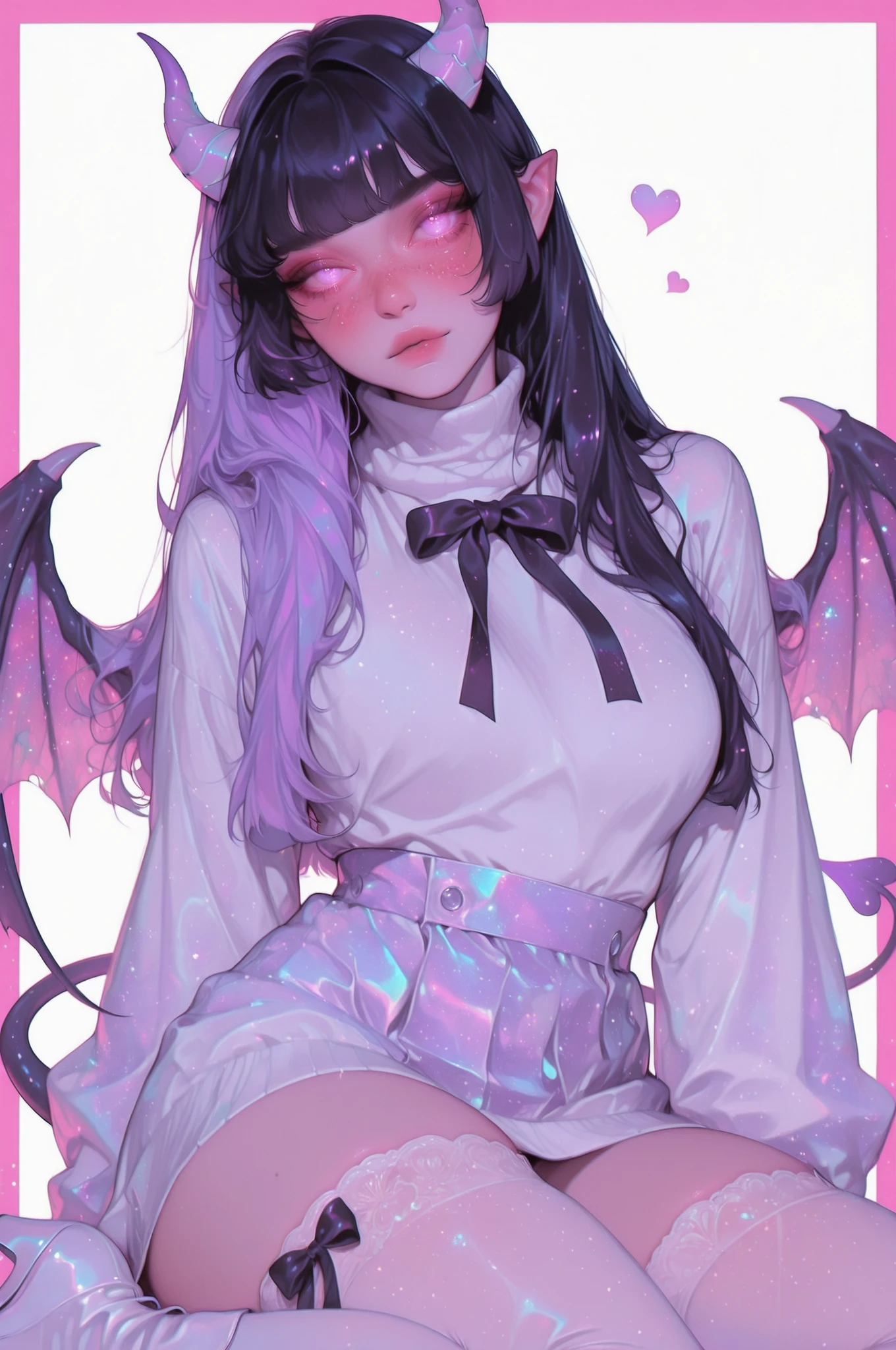cElesTiana,neon dreamcore,iridescent glow,holographic,pastel void,luminescent skin,celestial tones,smooth reflective surface,glowing eyes,shimmercore,1girl, adult, Red irises, purple pupils, Freckles, long hair, black hair multi-colored hair, white and purple colors hime_cut bangs, Pointed ears, Succubus tail, Freckles all over the body, demon horns, demon wings, demon tail, tight white sweater dress, white lace thigh highs, black bows, white boot heels, fully clothed, white background, pink border, hearts, 