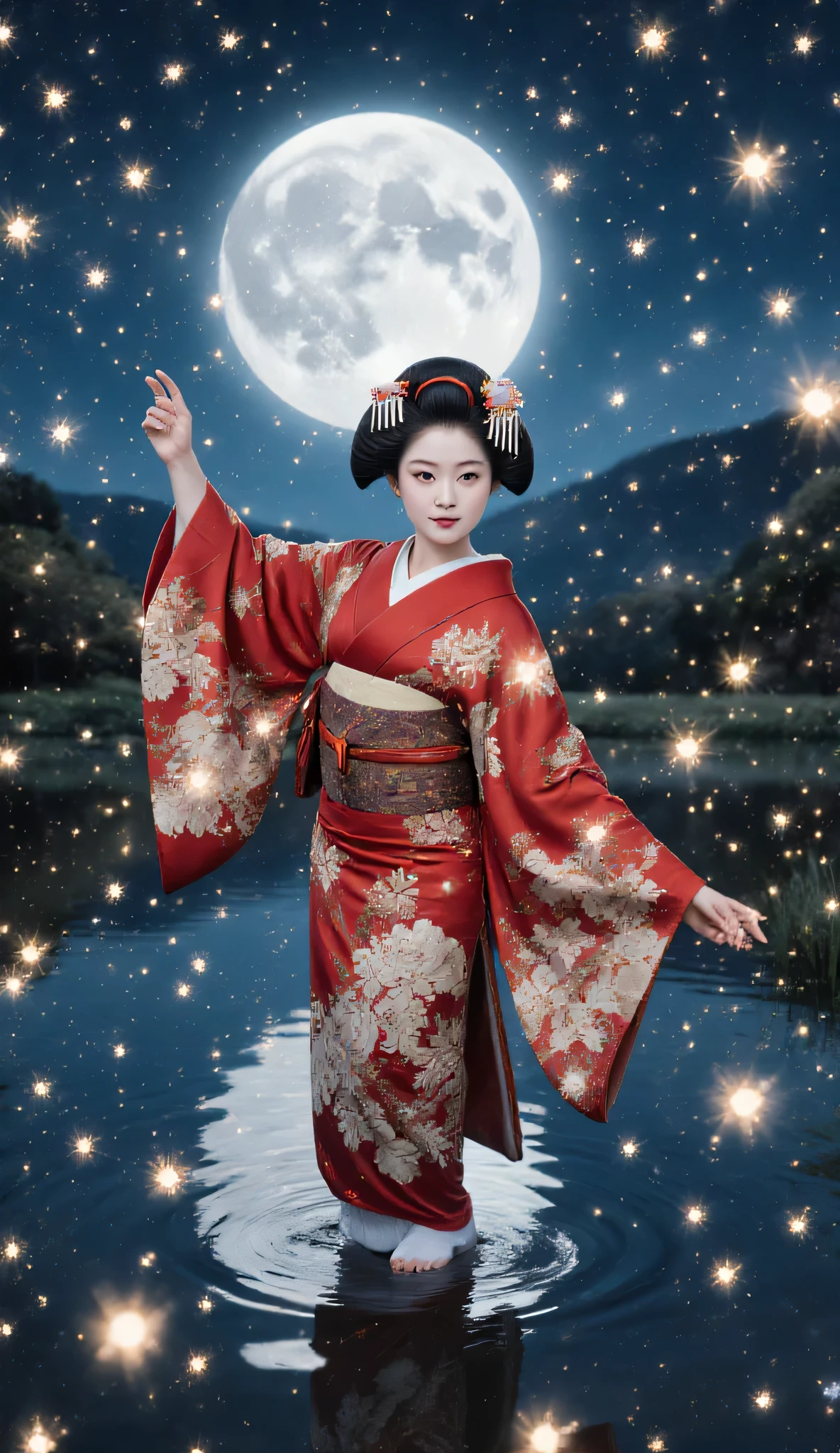 Real photo、night、 Firefly Light、A lot of fireflies are flying、Kimono、赤いKimonoを着た日本人女性、It's dancing、４Ｋ