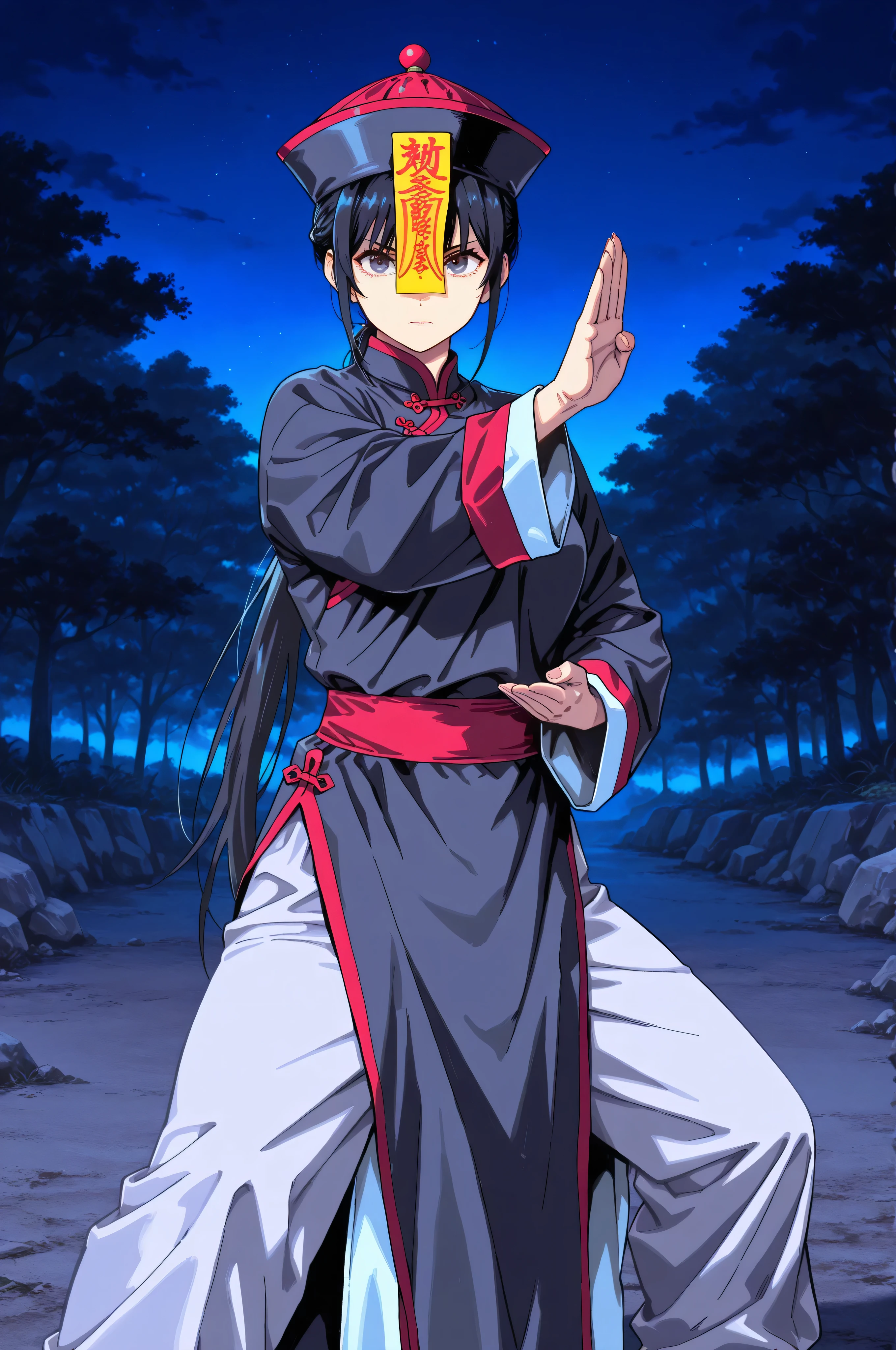 chinese clothes,KungFuUniform,score_9, score_8_up, score_7_up, gsfghtr, multicolored robe, outdoor , serious, long ponytail, kohei horitoshi, invited, night, 1jiangshi girl, mature female, chinese hat, kung fu stance, 