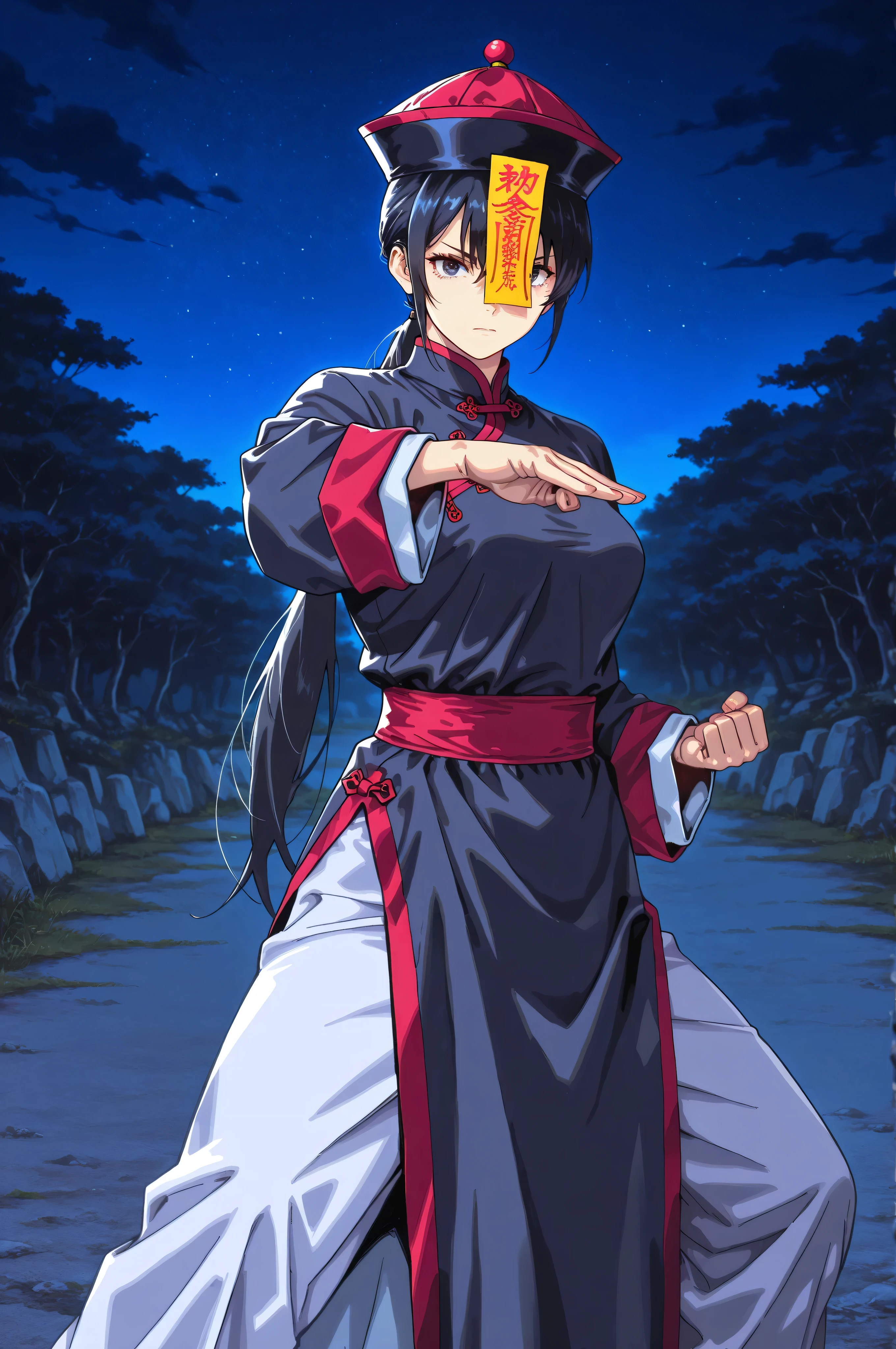 chinese clothes,KungFuUniform,score_9, score_8_up, score_7_up, gsfghtr, multicolored robe, outdoor , serious, long ponytail, kohei horitoshi, invited, night, 1jiangshi girl, mature female, chinese hat, kung fu stance, 