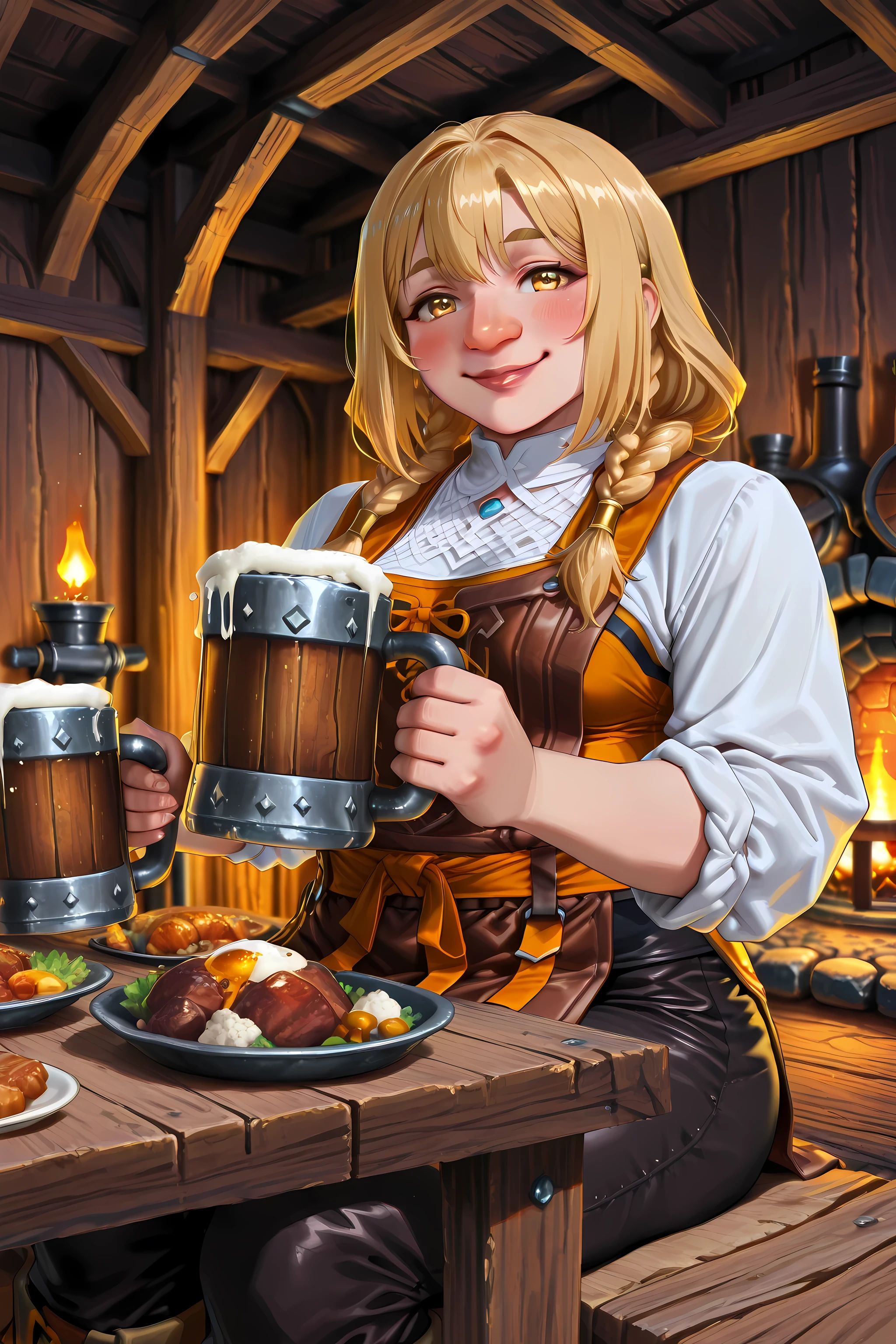Dwarf, (((short stature))), big nose, merryk, solo, female, dwarf, short, stout figure, yellow eyes, braids, lips, (chubby:0.5), work clothes, tunic, dark pants, looking at viewer, ,high quality, masterpiece, ultra-detailed, ((mature female dwarf)) sitting at a sturdy wooden tavern table, ((smiling warmly while holding a large frothy mug of beer)), ((strong and robust build)), blonde hair in a thick braid, rosy cheeks, cheerful and welcoming expression, wearing a leather apron over rustic clothes with rolled-up sleeves, cozy fantasy tavern interior with ((warm firelight and wooden beams)), food and mugs scattered on the table, ((earthy and amber color palette)), soft warm lighting, Delicious in Dungeon anime style, Studio Trigger art style, detailed background, ((joyful fantasy atmosphere))