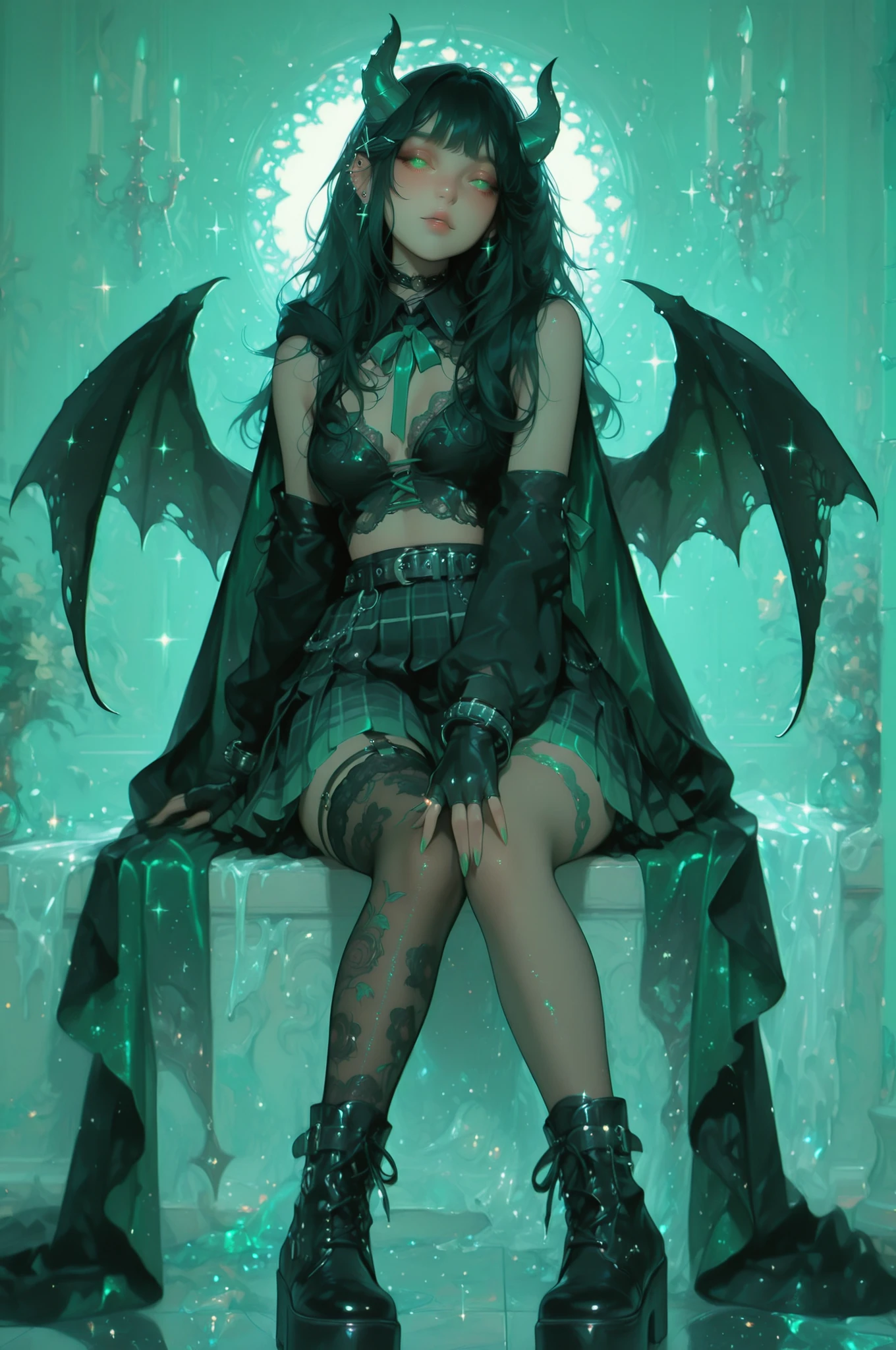 cElesTiana,neon dreamcore,iridescent glow,holographic,pastel void,luminescent skin,celestial tones,smooth reflective surface,glowing eyes,shimmercore,1girl,long flowing black hair, emerald green eyes, demon girl, demon horns, demon black wings, a black cropped sweater with embroidery of stars and moons on the sleeves. underneath, a sheer green mesh top with a high neck and tiny black hearts. a pleated green and black plaid skirt with lace trim. black striped stockings with green bows and black garters. a lot of hairpins, clips, punk style, lace, bright patterned clothing, piercings, studded belts, bracelets, fingerless gloves, black platform boots,split skirt, detached sleeves, cutout, collared, cross-laced slit, short cape, fingerless gloves,single thighhigh, petticoat, layered skirt, asymmetrical sleeves, full body, (glitter, glittering, sparkling, shimmering, sparkles, light effects, glowing accents, high resolution, detailed lighting, sharp focus), a soft green glow outlines her entire body, rich color, beautiful light, perfect contrast, Masterpiece, Best quality