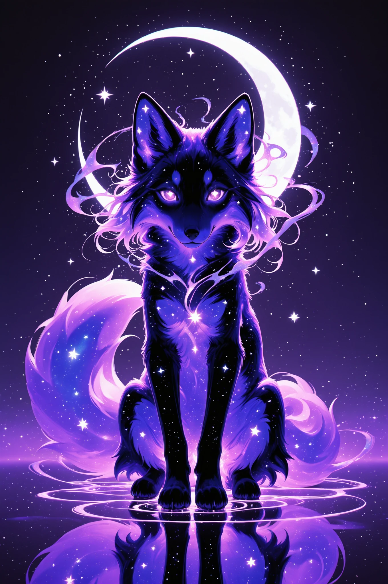 cElesTiana,neon dreamcore,iridescent glow,holographic,pastel void,luminescent skin,celestial tones,smooth reflective surface,glowing eyes,shimmercore,fox(animal), purple glow, whimsical, magic, stars, crescent moon, masterpiece, best quality, highly detailed 
