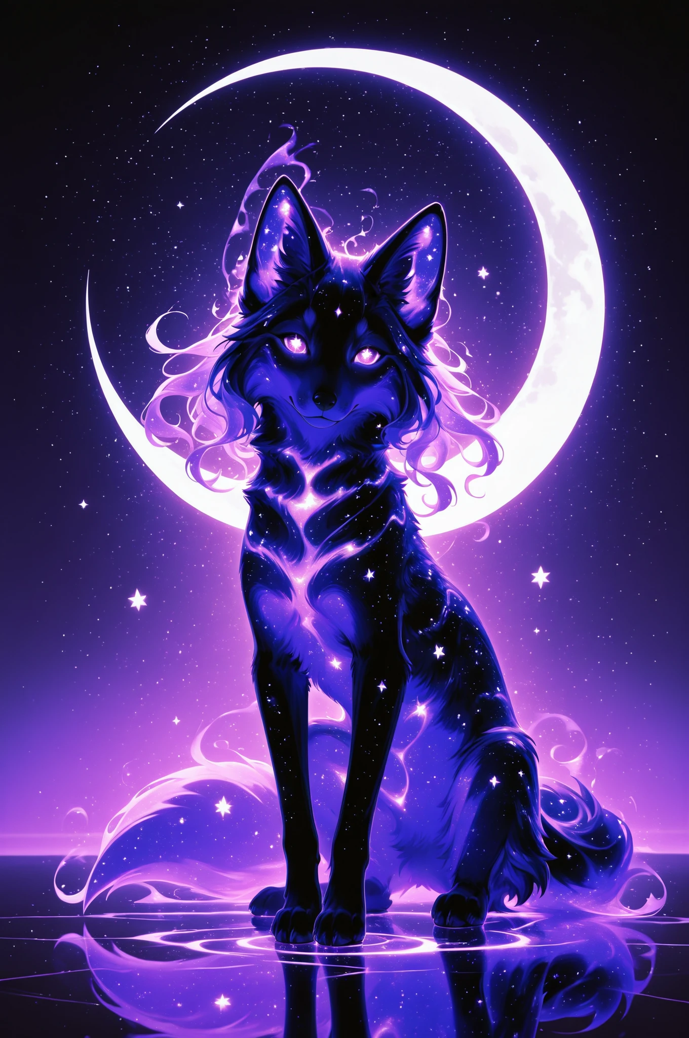 cElesTiana,neon dreamcore,iridescent glow,holographic,pastel void,luminescent skin,celestial tones,smooth reflective surface,glowing eyes,shimmercore,fox(animal), purple glow, whimsical, magic, stars, crescent moon, masterpiece, best quality, highly detailed 