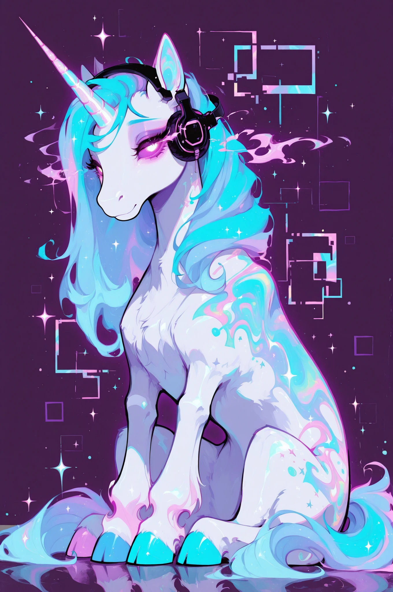 cElesTiana,neon dreamcore,iridescent glow,holographic,pastel void,luminescent skin,celestial tones,smooth reflective surface,glowing eyes,shimmercore,A pastel-colored cartoon unicorn wearing headphones, with a light blue mane and tail, light pink accents, and a white body, sitting down and wearing headphones;  the style is cute, whimsical, and soft, with a focus on light and airy colors and simple, rounded shapes.