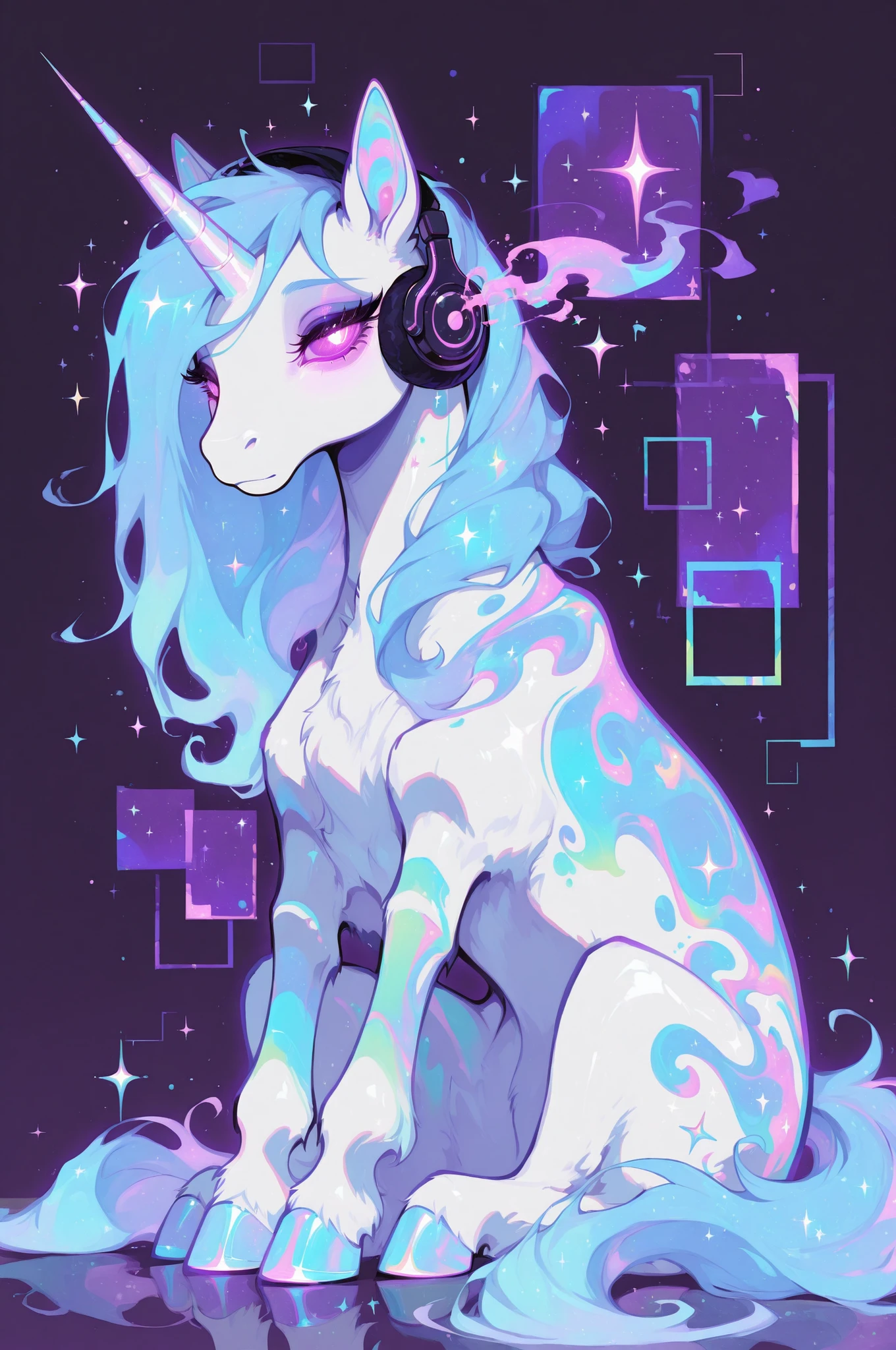cElesTiana,neon dreamcore,iridescent glow,holographic,pastel void,luminescent skin,celestial tones,smooth reflective surface,glowing eyes,shimmercore,A pastel-colored cartoon unicorn wearing headphones, with a light blue mane and tail, light pink accents, and a white body, sitting down and wearing headphones;  the style is cute, whimsical, and soft, with a focus on light and airy colors and simple, rounded shapes.
