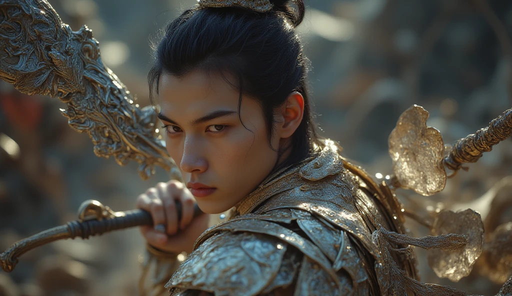 (Best Quality:1.2), (high resolution:1.2), (beautiful face and eye:1.5), (sharpest focus:1.2), (Ultra-realistic Photo:1.2), (Ultra-precise Photo:1.2), (Depth of field:1.2), (8k high resolution:1.2). (perfect :1.2), 
(nice hands:1.5), (perfect hands:1.5), (cynical smile:1.5), (A very young and beautiful Chinese man:1.0), (lying down quietly with closed sick eyes:1.8), (At the top of a steep rocky mountain:1.8), 
(Stars of Leo twinkling in the night sky:1.5), (Looking down angle:1.5), (holding a drawn sword:1.0), (Chinese warrior with very light armor and beat-up arms:1.0), (Pale complexion:1.5), 