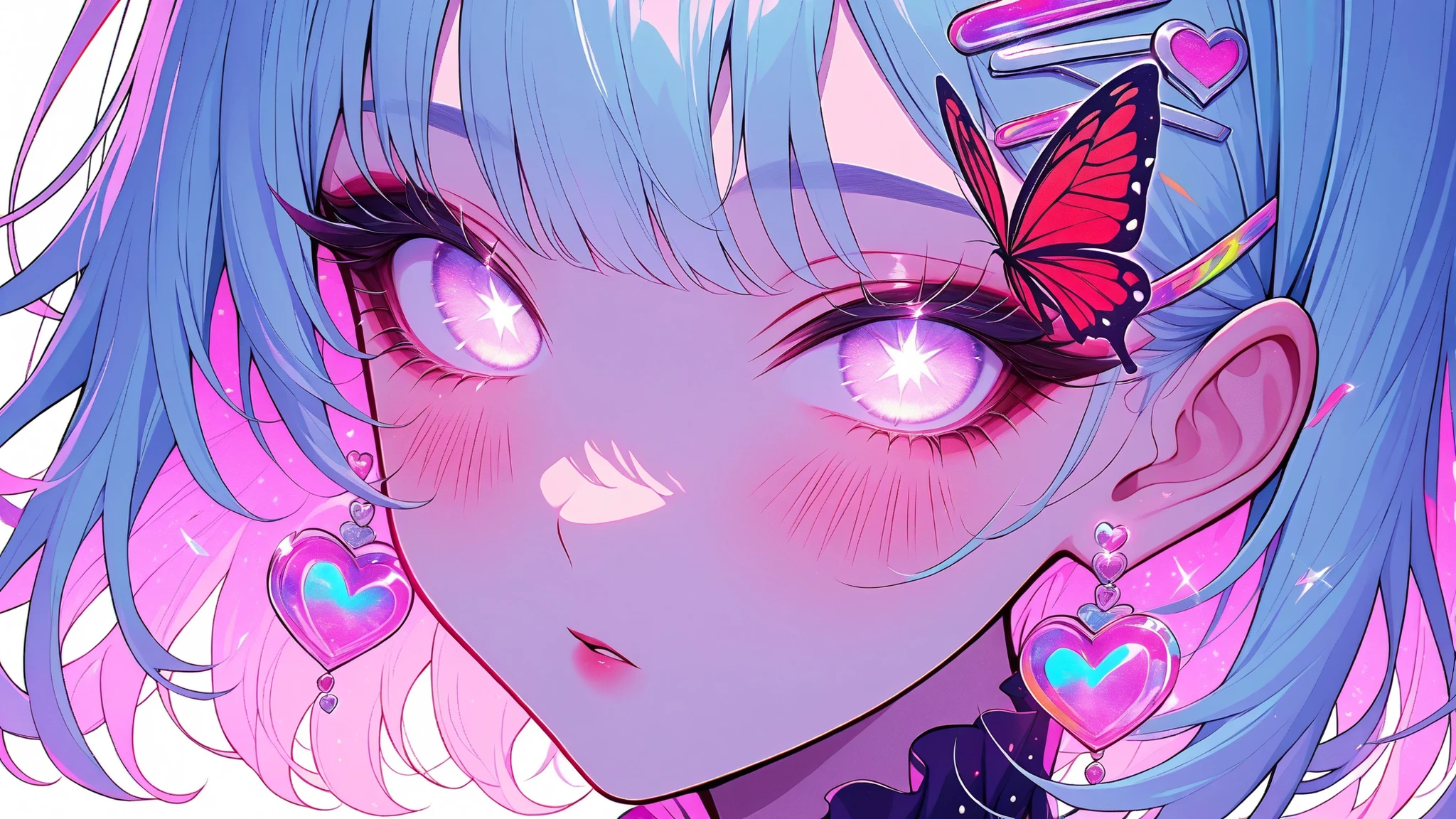 cElesTiana,neon dreamcore,iridescent glow,holographic,pastel void,luminescent skin,celestial tones,smooth reflective surface,glowing eyes,shimmercore,anime_screenshot, 1girl, solo, jewelry, dark heart earrings, rich blue hair, blush, white nails, looking at viewer, bangs, glittered white eyes, white eyelashes, broken heart hair ornament, portrait, red butterfly, hairclip, frills, dark makeup, parted lips, nail polish, ribbon, white background, close-up