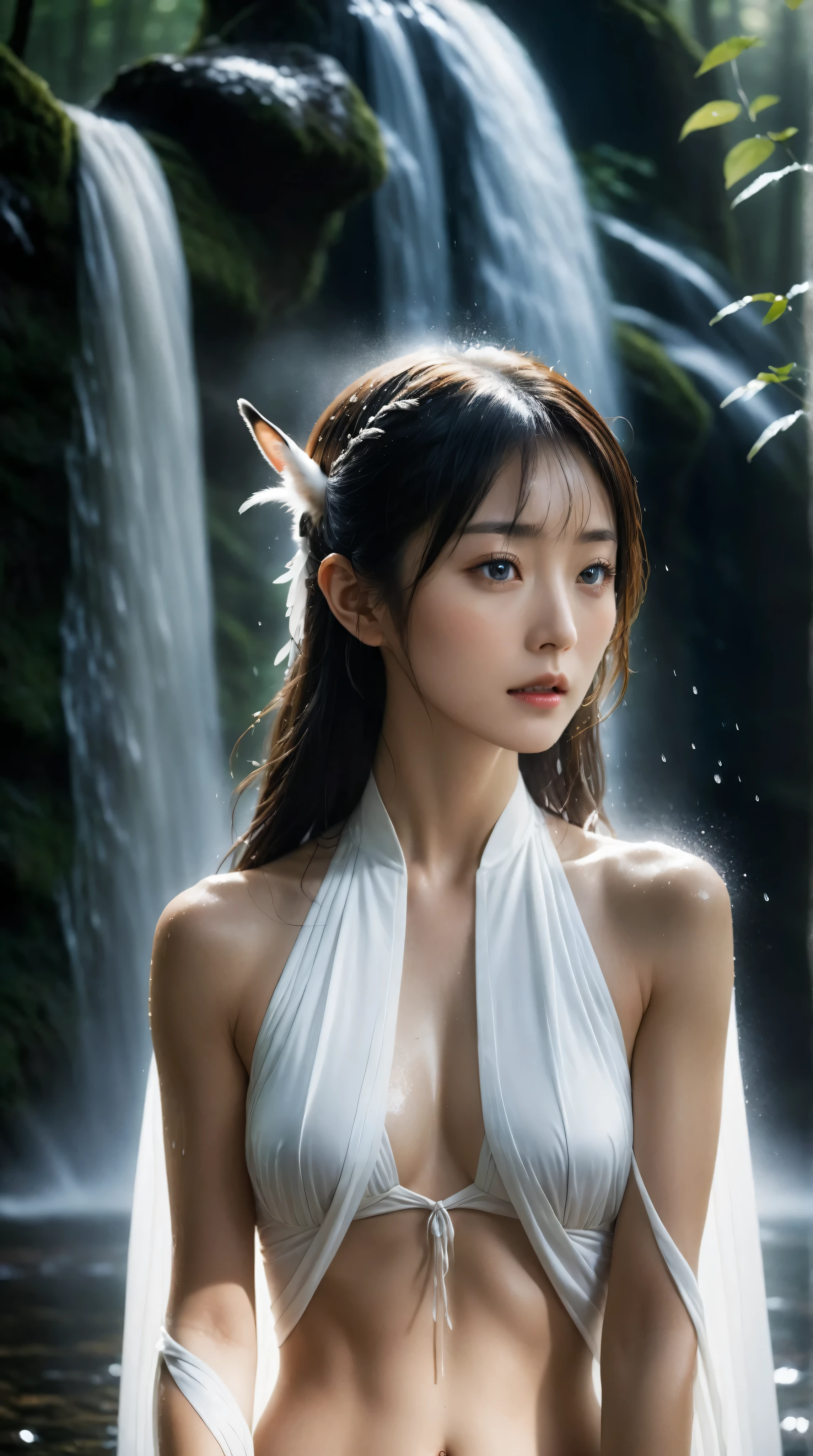 A beautiful Japanese goddess training under a waterfall deep in the forest , wearing a pure white traditional outfit soaked by the falling water , hands clasped together in front of her chest , serious and calm expression , water splashing around her , surrounded by gentle forest animals watching quietly from the shadows - deer , fox , rabbits , birds , cinematic lighting , ethereal mist , spiritual atmosphere, realistic detail .