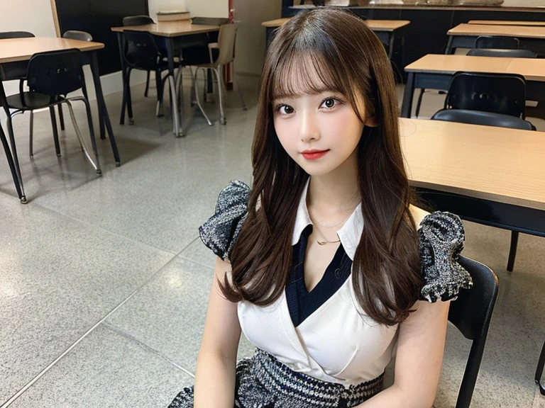 Beautiful woman wearing a white and dark blue Wearing  clothes mini dress with decorations on the shirt and visible shoulders and wearing boots and being photographed with a Library  background And I'm in an aesthetic library while holding a book ,Korean style swag, beautiful face so gorgeous, Beautiful eyes, y2k style