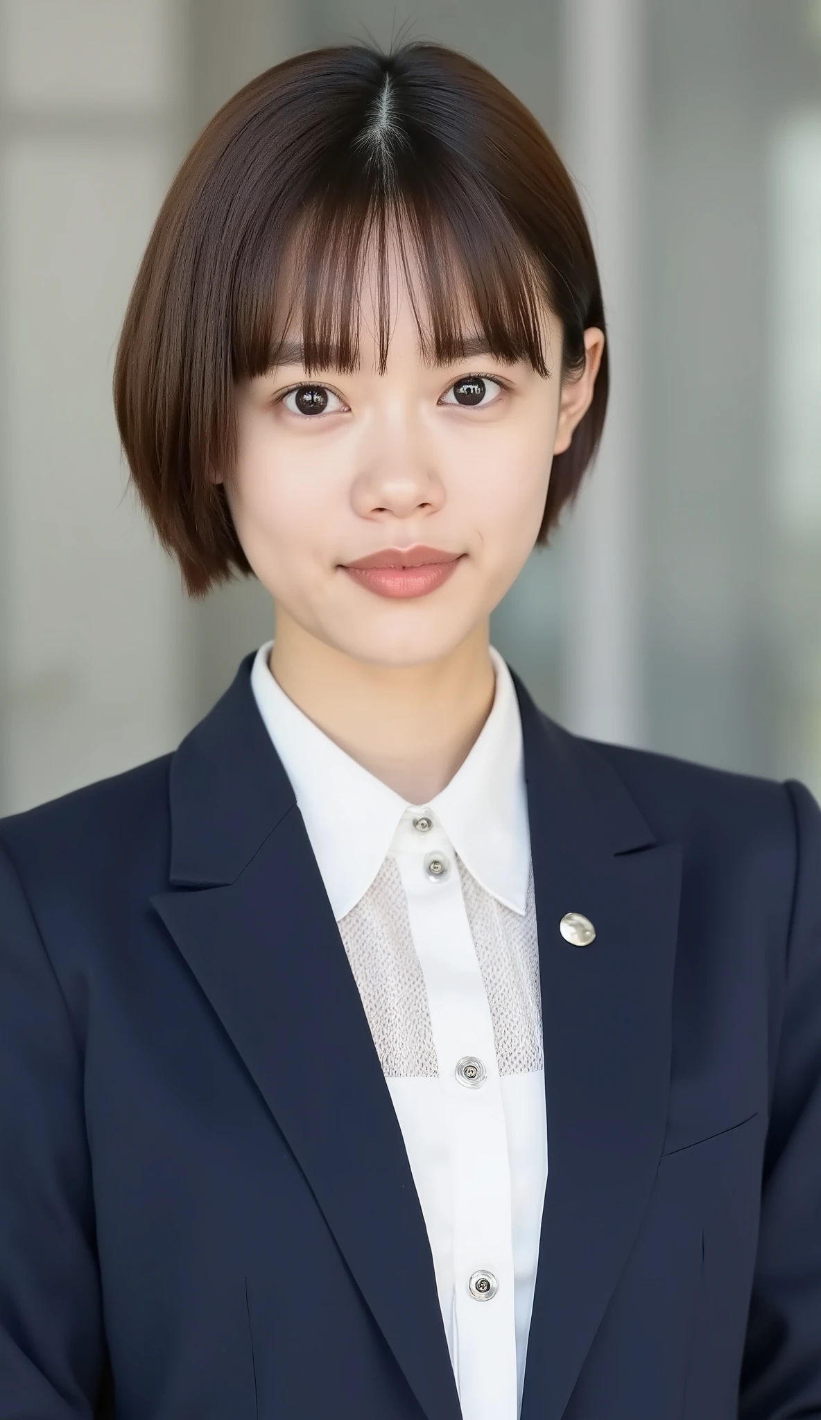 Neat Young Woman、looking at the camera、office lady suit、jacket、shirt、ear piercings、、hairstyle short bob、 、無表情、口を閉じている、、face close-up、The background is office