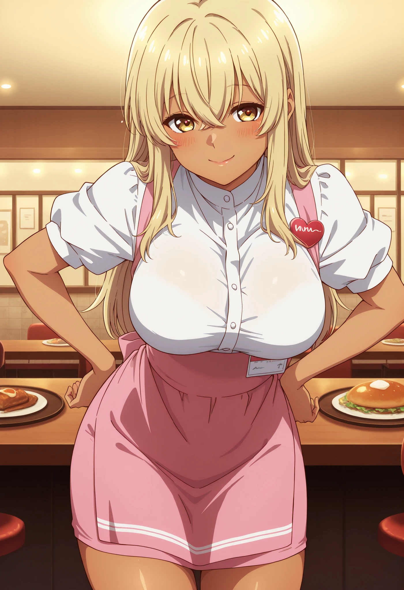 source_anime, kana higa, solo, long hair, bangs, blonde hair, hair between eyes, yellow eyes, tanned skin, large breasts,rouge lips, (best quality), (high quality), {masterpiece}, extremely delicate and beautiful, ultra-detailed, beautiful detailed eyes, anna miller, waitress, white shirt, short sleeves, puffy sleeves, pink suspender skirt, high-waist skirt, pink orange apron, name tag, heart shape pendant, restaurant, indoor, smile, closed mouth, leaning forward,thigh ,hands on hips