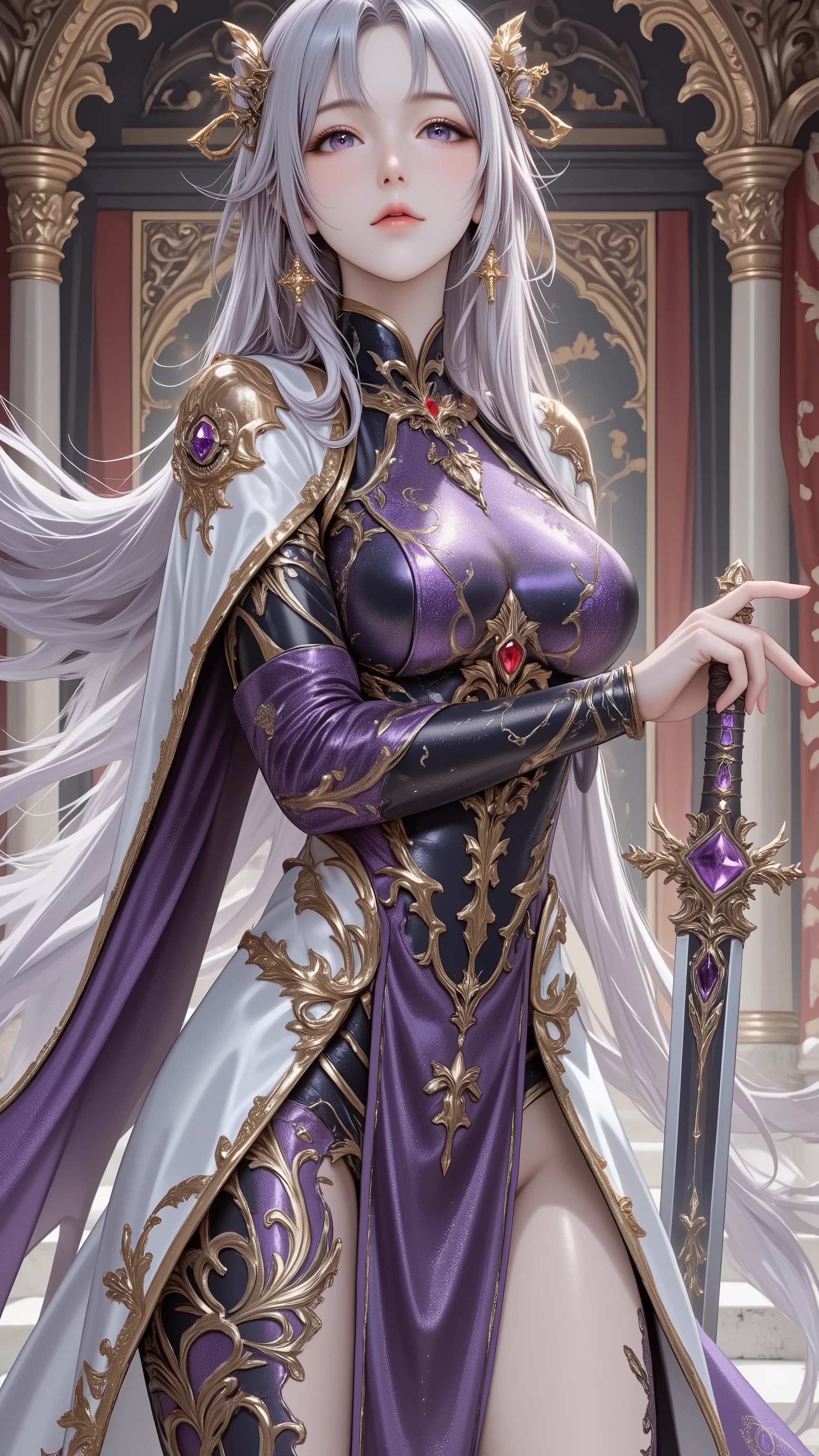 perfect proportions,masterpiece,Sophisticated details Jie,Fine Art, Exquisite Face, Artwork, best ,high resolution, Fantasy Style ,high resolution8K CG壁紙。upper body,Quadruple View。
Beautiful Snake Man Beauty。Snake Body。 perfect appearance ,perfect body。White and tall。whose long, flowing silver and white hair falls like a waterfall。Violet Eyes。Noble and elegant nobleman。
Wear Gorgeous and Elegant Dark Purple Metal Armor。Deep Purple Armor with Intricate Gold Edging。Armor Dotted with Ruby Ornament。Armor on Left Shoulder with Extending Gold Wings Decoration。Chest Armor,Inlaid Gold Phoenix Ornament。Gorgeous white cape,Cloak Edge Trimmed with Golden Curls。Emphasizes the curves of her body。Emphasizes the curves of her legs。
Hand Carved Fine Western Sword,Slim Sword Body,sword handle set with amethyst gemstone。
stands in front of a magnificent palace。