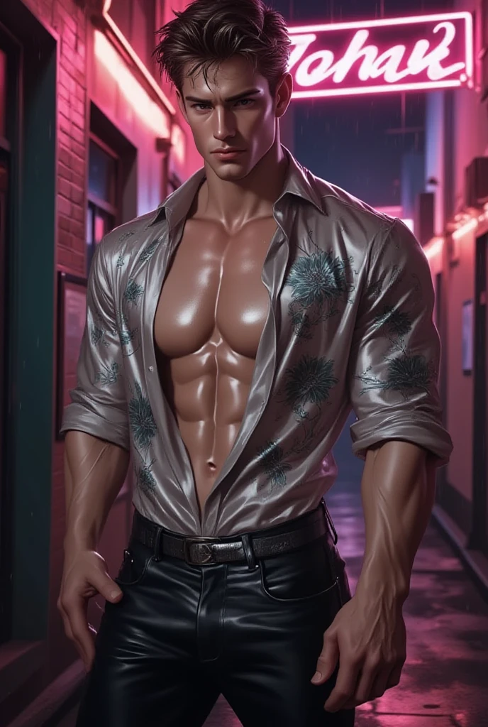 Muscular man blond,standing city background,wearing only brown leather jacket tight and nothing underneath,brown leather pants tight,big biceps,sexual energy,muscular body,