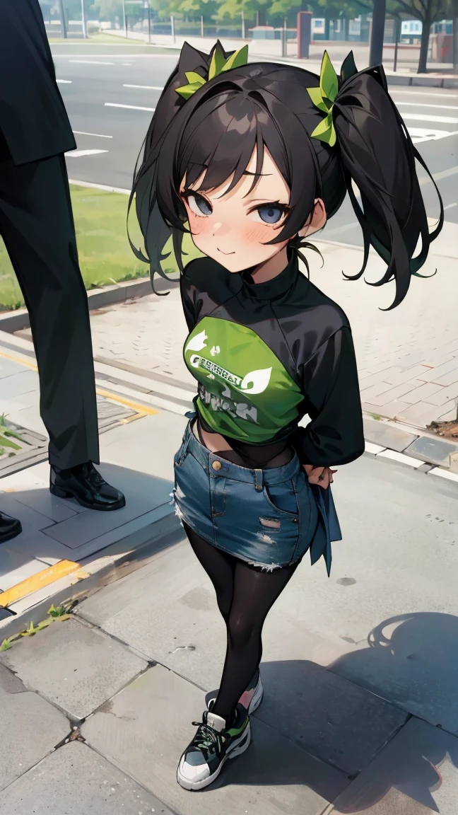 GameGirl , (bob haircut preto) com mechas rosa, estilo anime dos anos 80, (peito plano), coxas, quadris, cintura fina, banco de parque, shorts de ginasta, dia nublado, bike rack, plantas murchas fracas, cracks in the sidewalk , borboletas e margaridas, sol brilhando no personagem, bunda